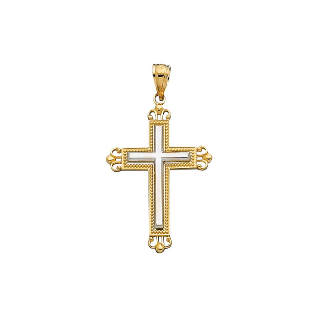14K Yellow & White Gold Shiny Textured Religious Cross Pendant Necklace for Women - Faith Jewelry Gift for Baptism, Confirmation & Everyday Wear
