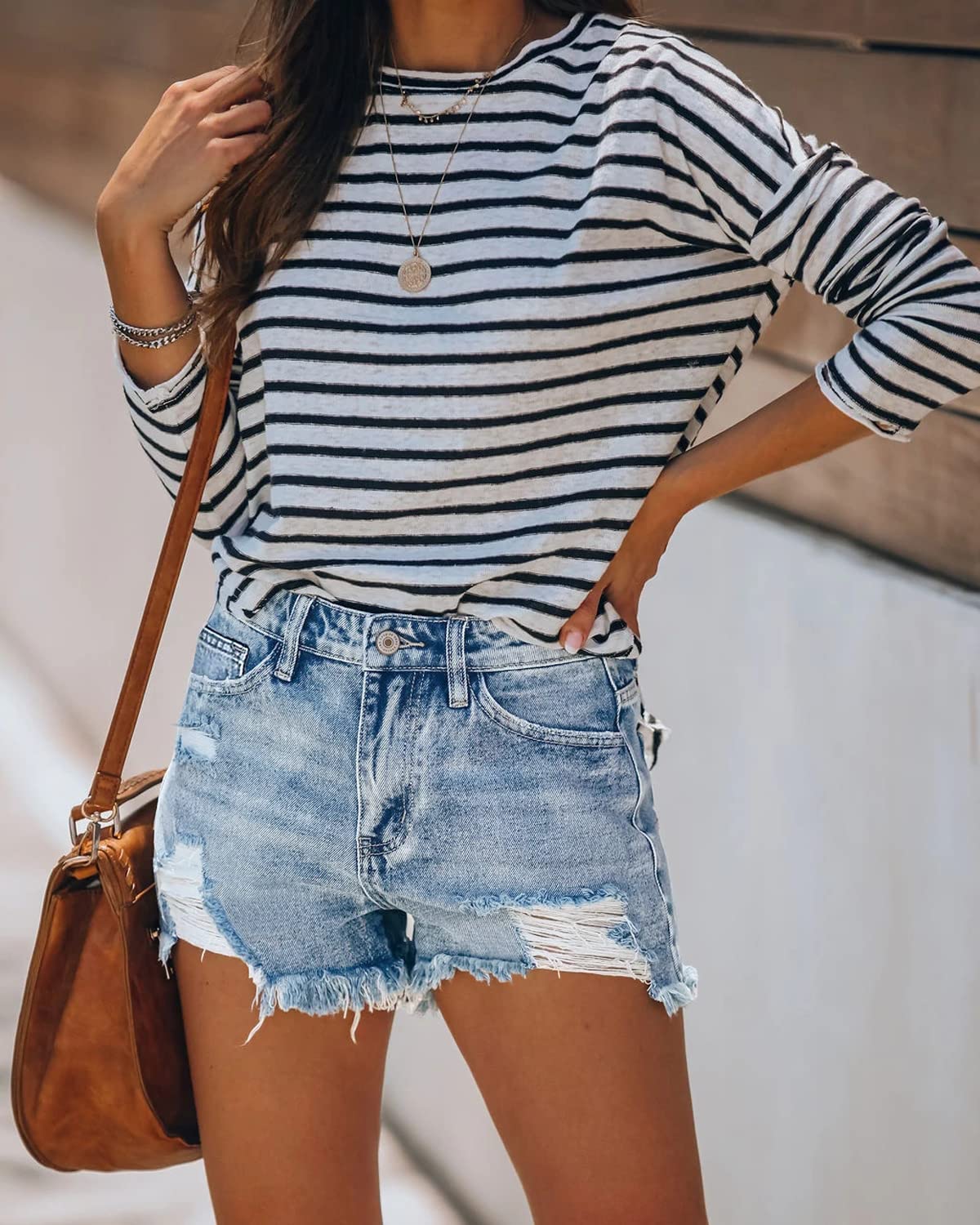 CHICZONE Women's Mid-High Waisted Ripped Denim Shorts - Stretchy Summer Jean Shorts for Casual Outfits & Beach Vacations | Trendy Distressed Cutoff Denim Pants