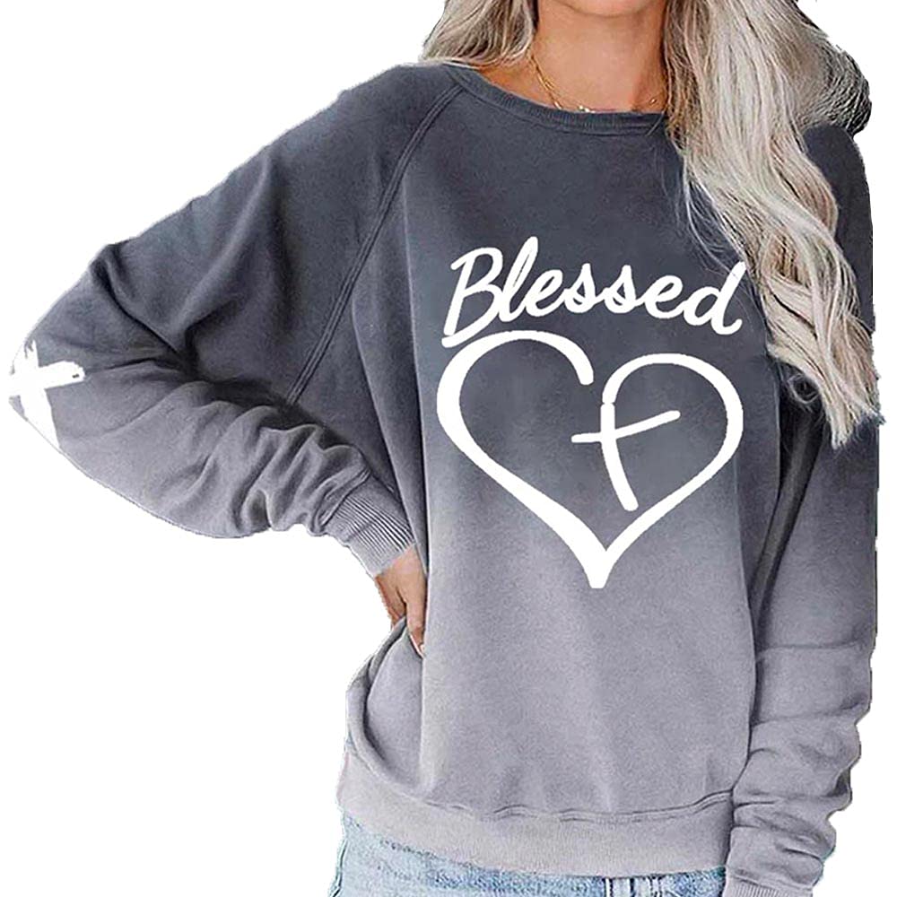 SameeFloral Blessed Cross Heart Gradient Sweatshirt - Jesus Has My Back Christian Women's Hoodie for Church, Bible Study & Everyday Faith Wear