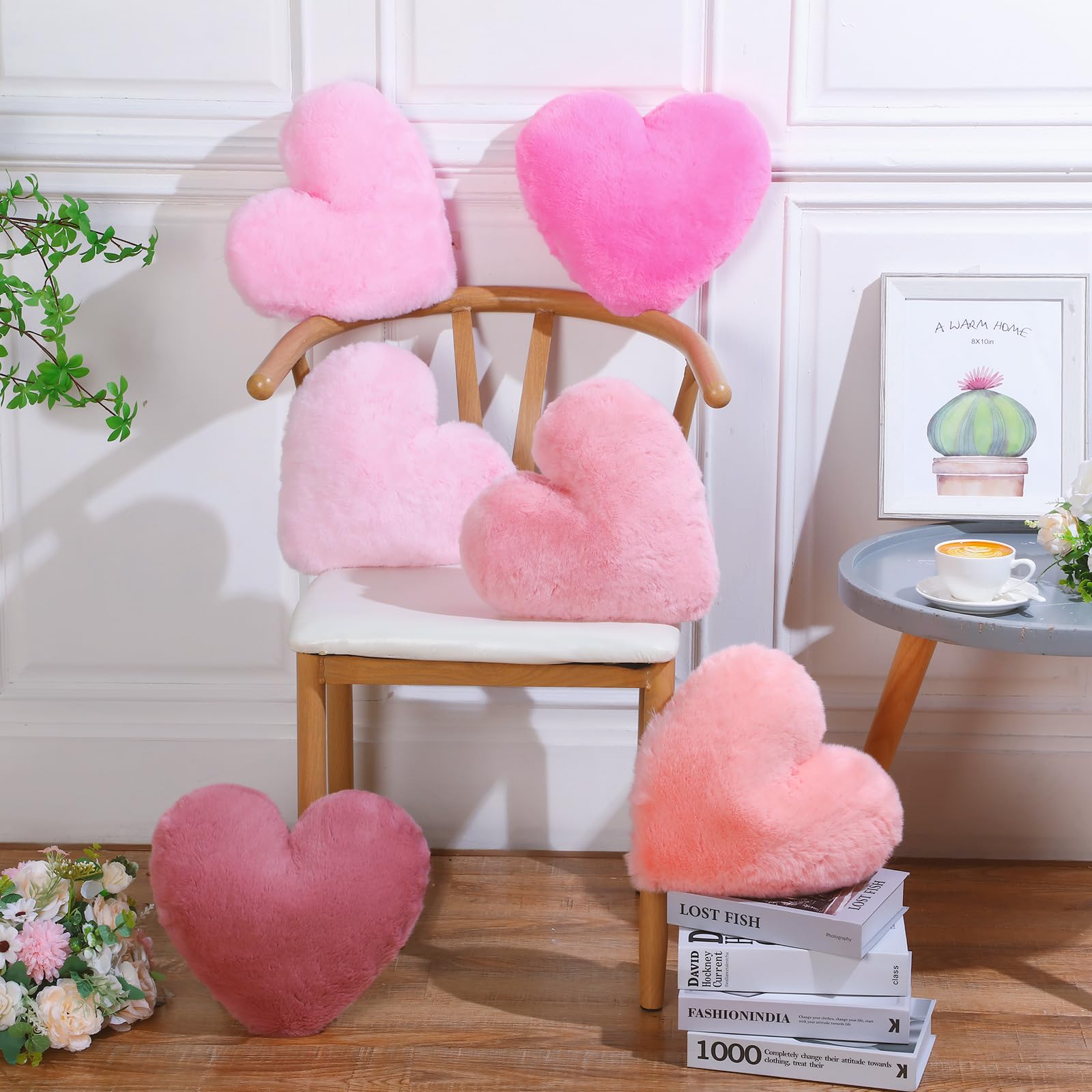 Liliful 6-Piece Faux Rabbit Fur Heart Pillows - Soft Fluffy Decorative Throw Cushions for Bed, Sofa & Couch (12x11 Inch, Pink) - Perfect for Girls' Rooms, Valentine's Day Gifts & Cozy Home Decor