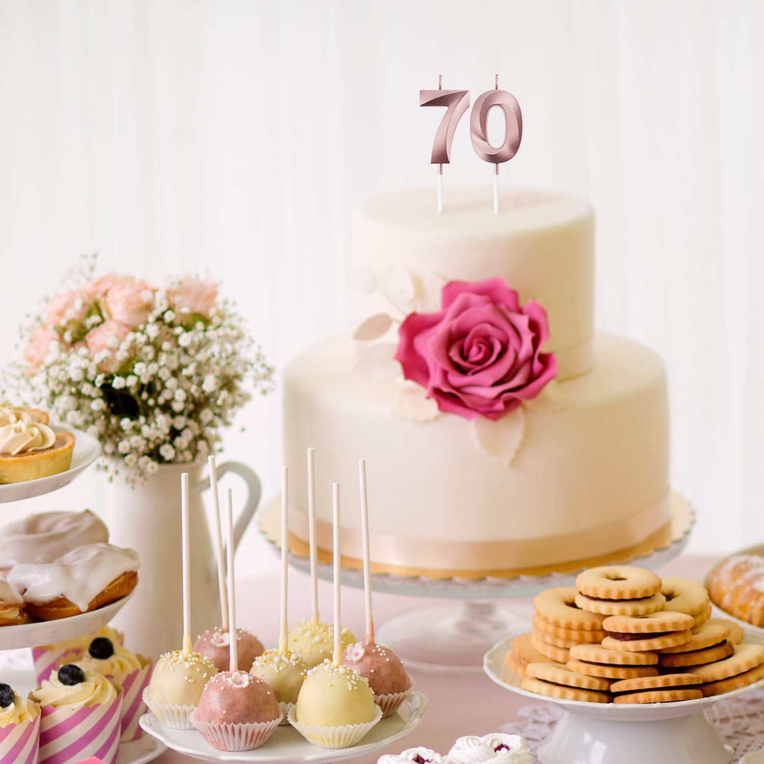BBTO Rose Gold 70th Birthday Candles & Cake Topper for Parties