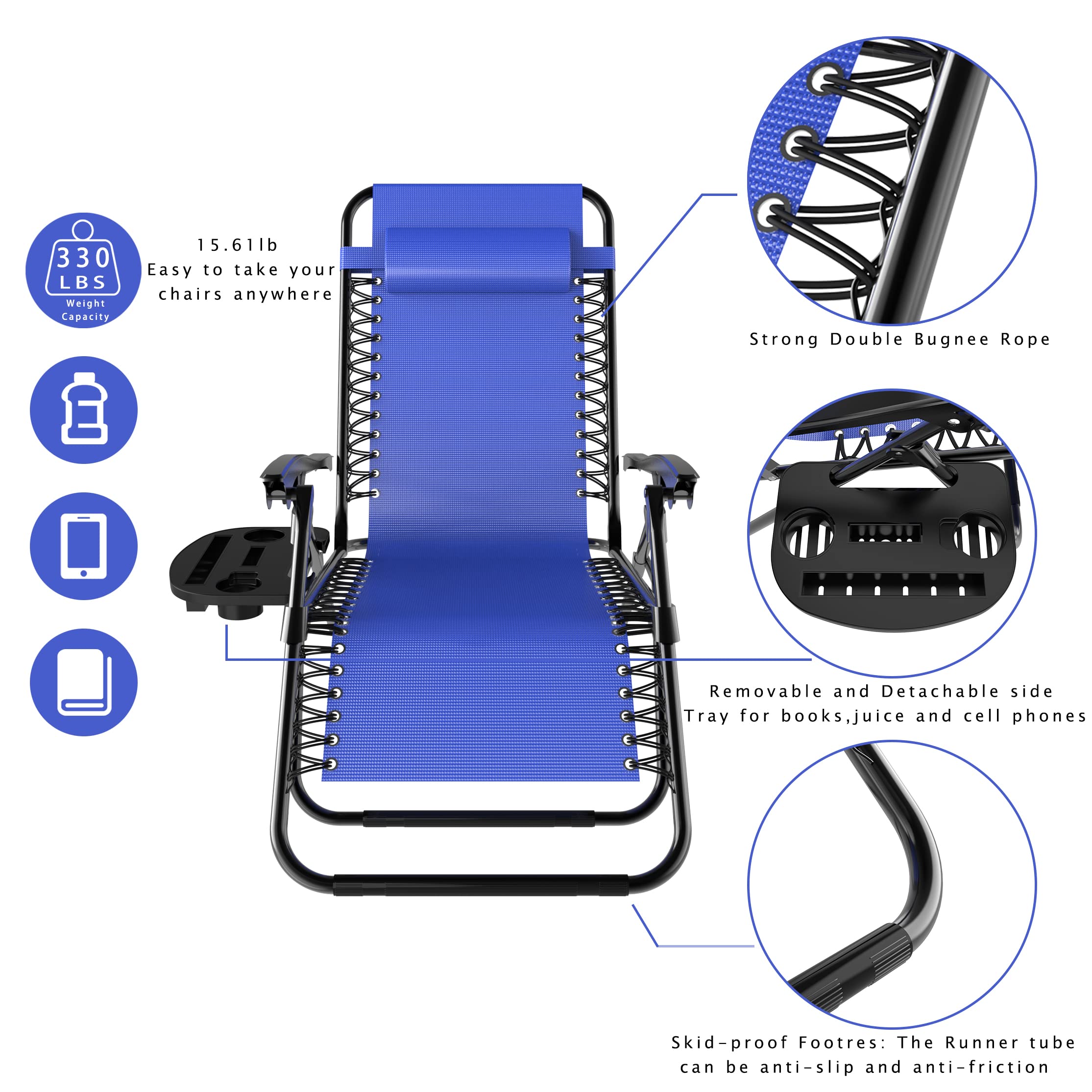 2 Pack Zero Gravity Lounge Chairs - Adjustable Reclining Patio Chairs with Pillow & Cup Holder, Foldable Outdoor Camping Chairs for Backyard, Porch, Beach (Navy Blue) | Perfect for Relaxing, Sunbathing & Outdoor Lounging