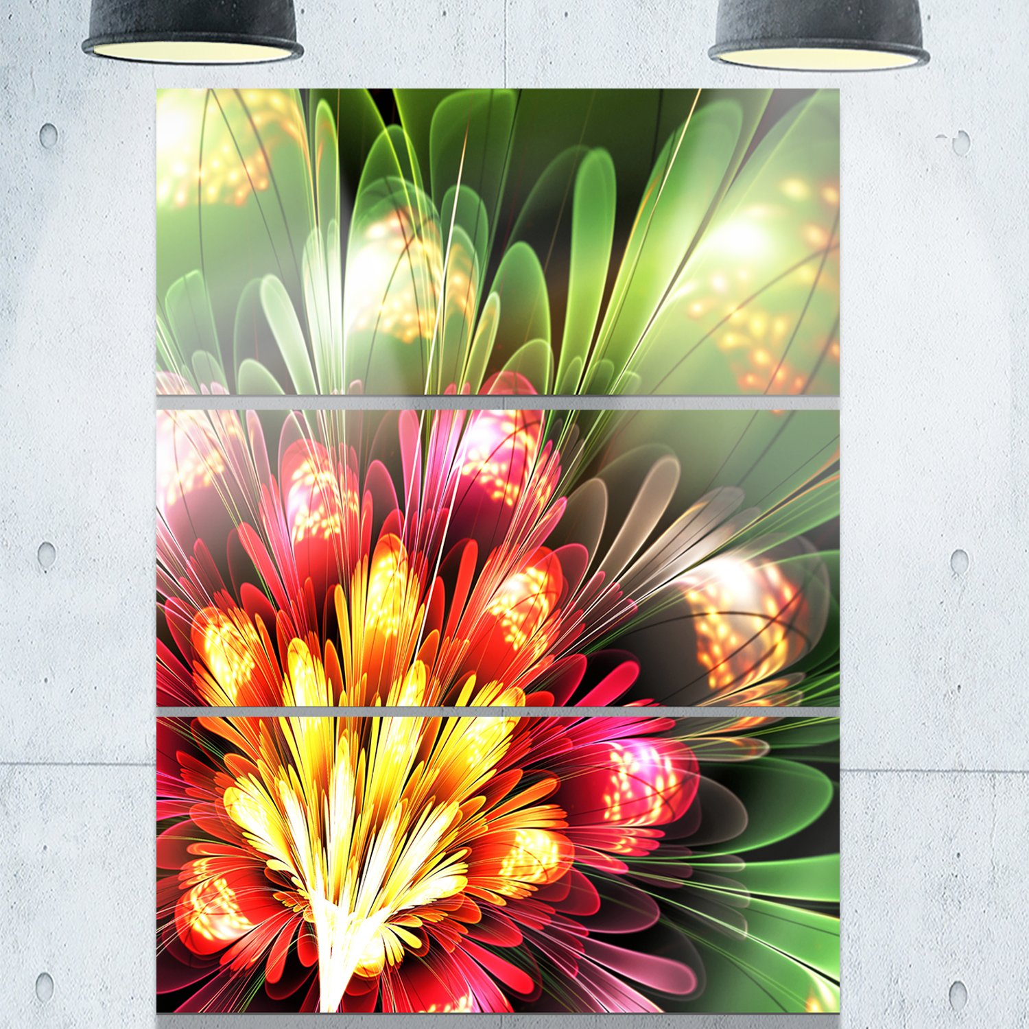Designart MT8882-3PV Modern Abstract Floral Metal Wall Decor - 3 Panel Fractal Flower Artwork in Red & Green - 28