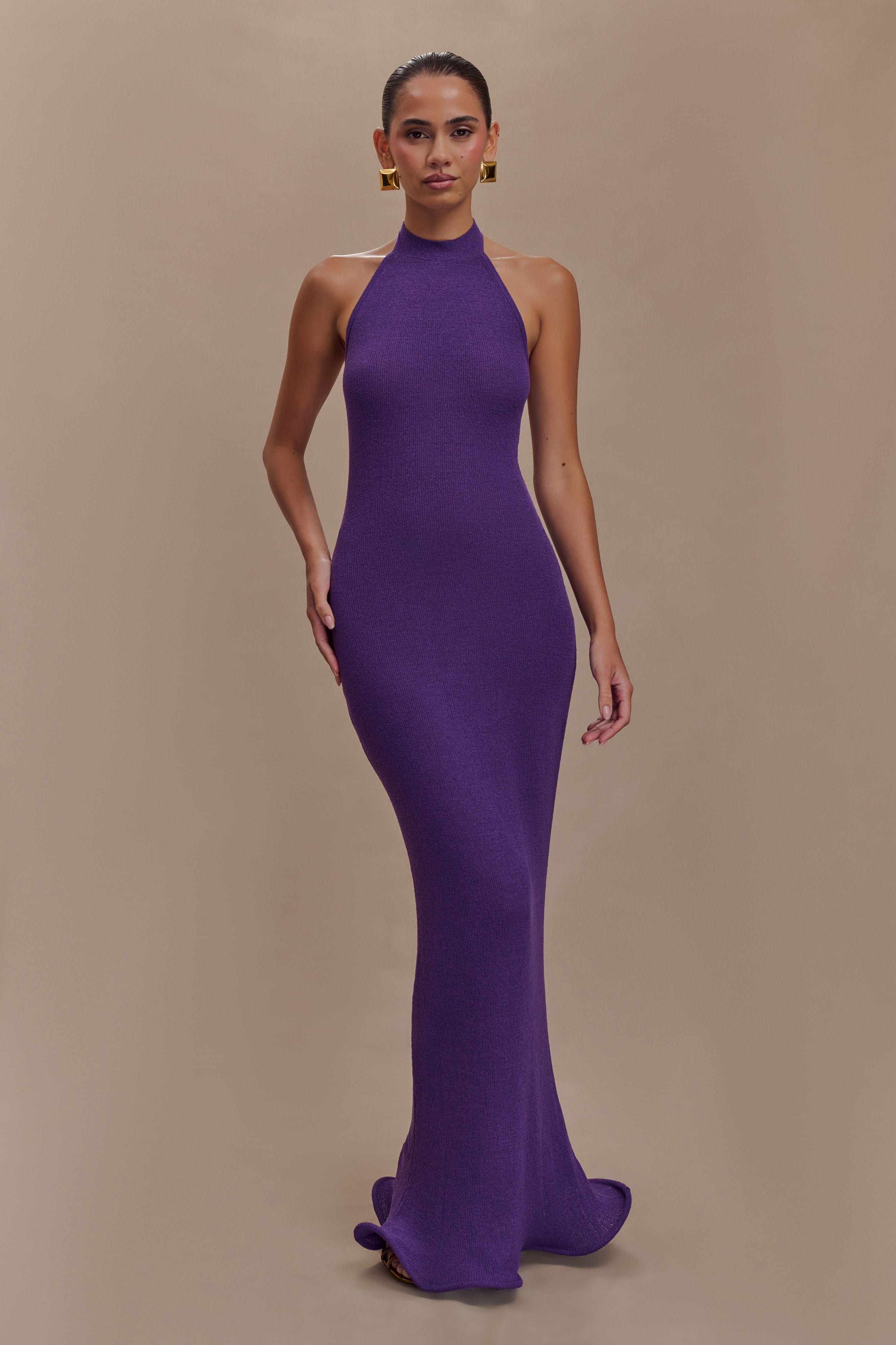 Melodie Halter Knit Maxi Dress for Women - Elegant Purple Long Sleeve Flowy Summer Dress for Beach, Vacation, and Casual Wear