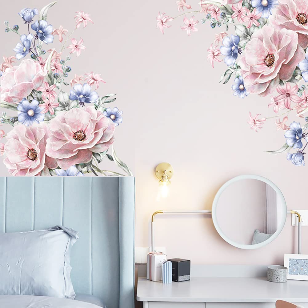Runtoo Pink Peony Flower Wall Decals - Floral Wall Stickers for Living Room, Girls Bedroom & Nursery Decor | Perfect for Home, Office & Wedding Wall Art