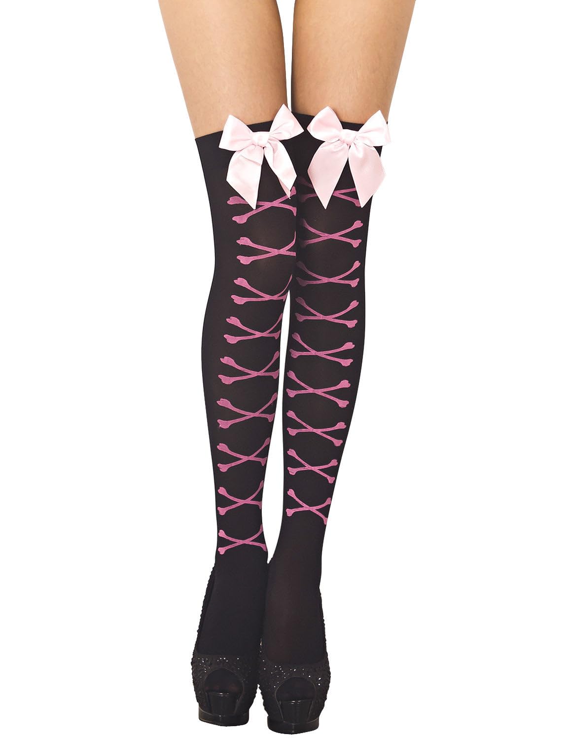 iB-iP Women's Punk Thigh High Stockings - Gothic Bones Print Seamless Hold-Up Socks for Cosplay, Halloween & Alternative Fashion Outfits