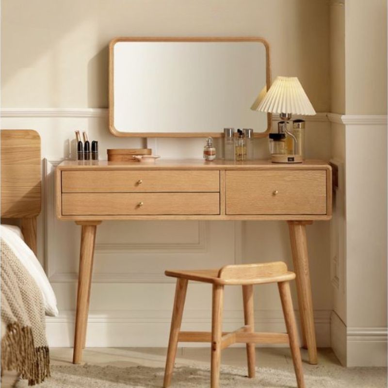 Stylish Oak Solid Wood Modern Dressing Table with Large Mirror - Perfect for Bedroom Vanity, Makeup Station & Home Decor