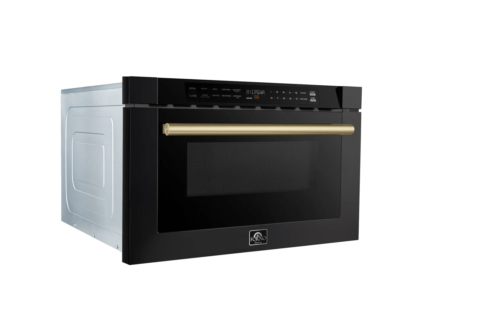 Forno 24 Inch Built-In Microwave Drawer in Black with Antique Brass Finish - FMWDR3000 24BLK - Perfect for Modern Kitchens & Small Spaces