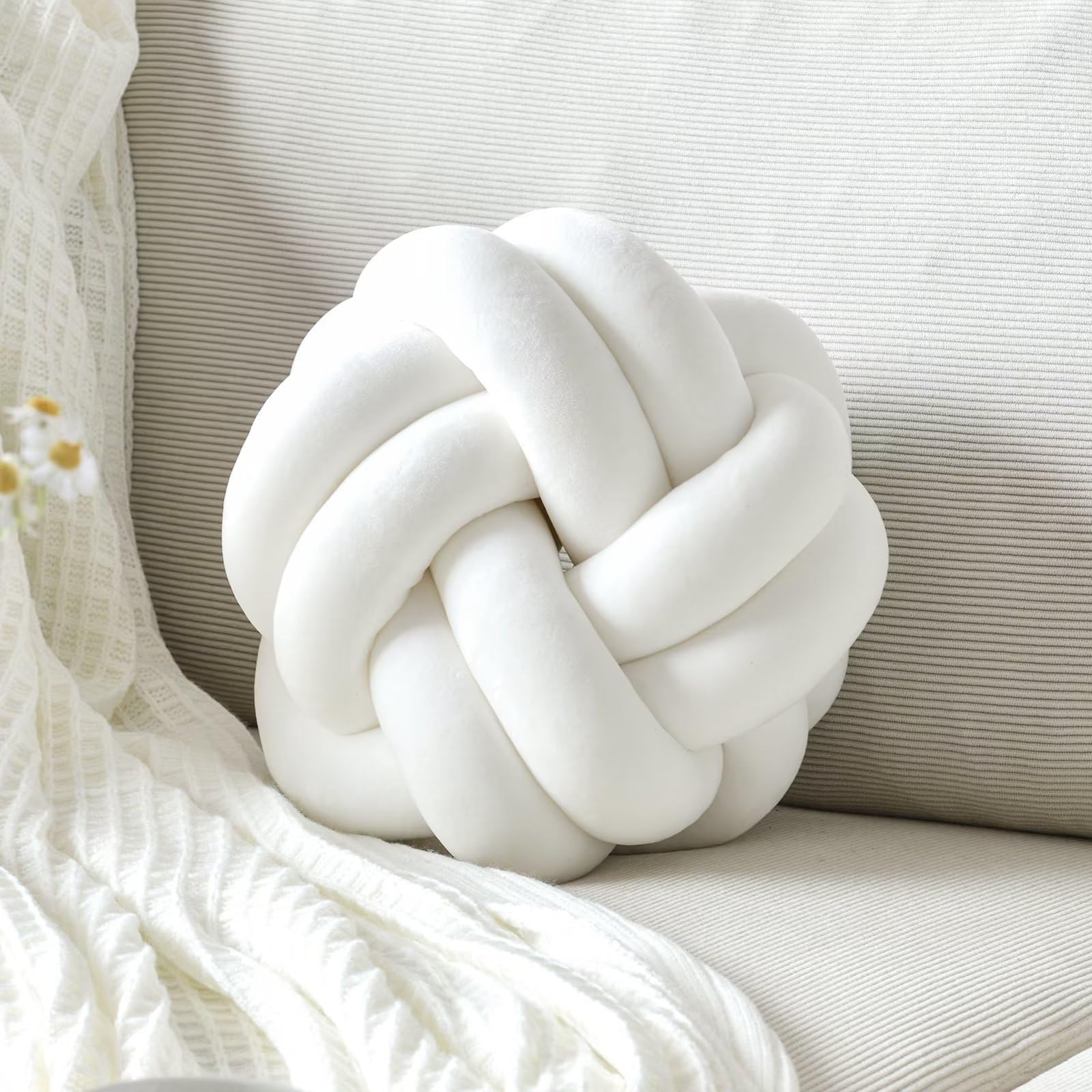 Soft Knot Pillow Ball - 8 Inch Round Knotted Throw Pillow for Bedroom, Sofa & Couch | Handmade Decorative Cushion in White | Modern Home Decor for Living Room, Nursery & Dorm