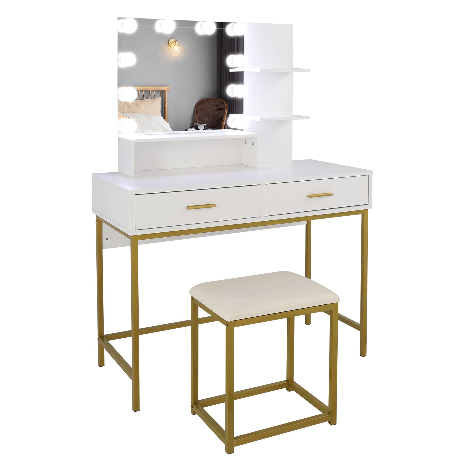 Large LED Vanity Set with 10 Bulbs & Cushioned Stool - 39.37