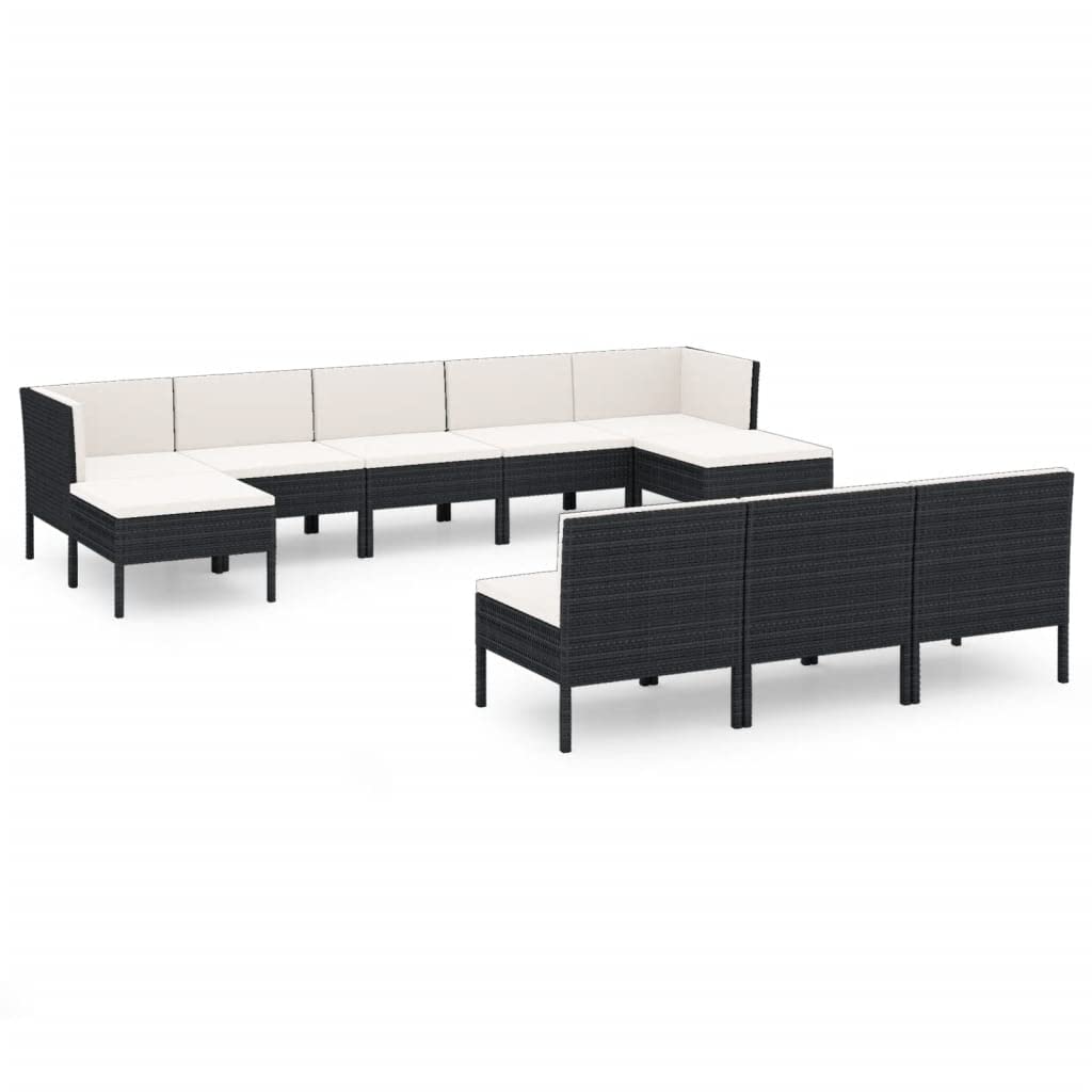 10-Piece VidaXL Patio Lounge Set with Cushions - Black Poly Rattan Outdoor Sofa Seating for Garden, Terrace & Yard - Perfect for Relaxing, Entertaining & Lounging