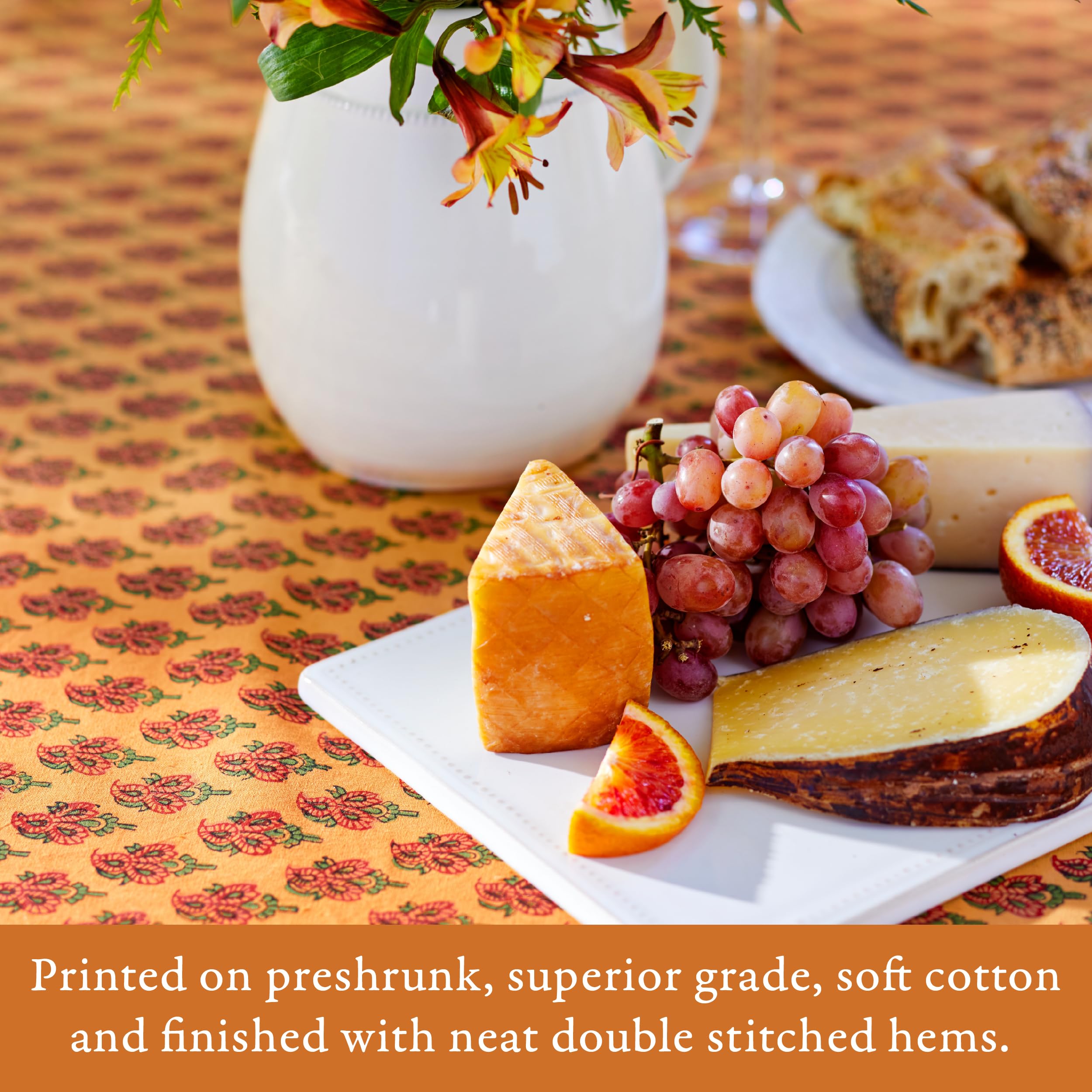 Handmade Indian Block Print Cotton Tablecloth - Orange Summer Design 70x120 Inches | 100% Premium Washable Cotton for Dining Table, Kitchen Decor & Coffee Table | Perfect for Boho Home Decor, Dinner Parties & Outdoor Picnics