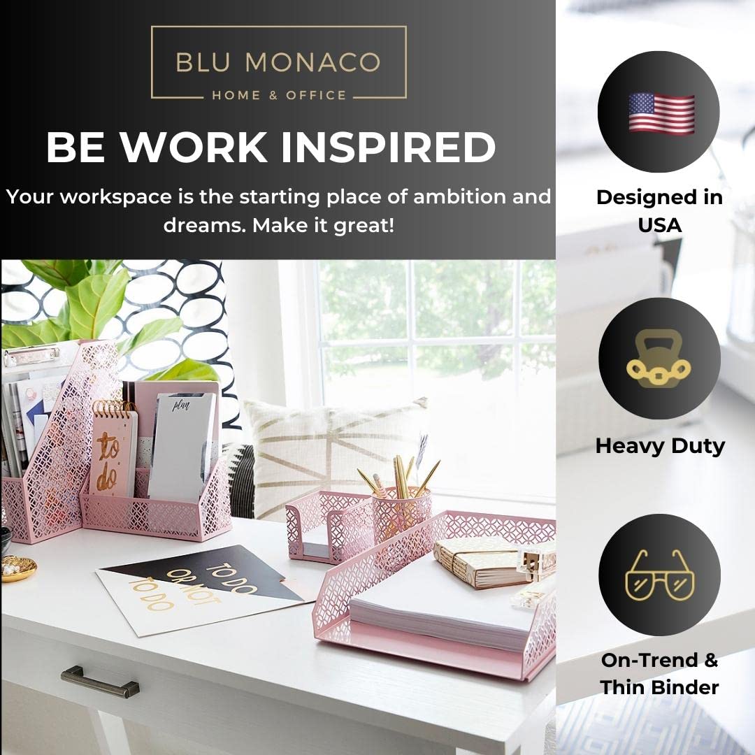 BLU MONACO Pink Desk Organizer Set - Stylish Mail Sorter, Sticky Note Holder, Pen Cup, Magazine Holder, Letter Tray & Business Card Holder | Perfect for Office, Home & Workspace Organization - Elegant Pink Office Decor