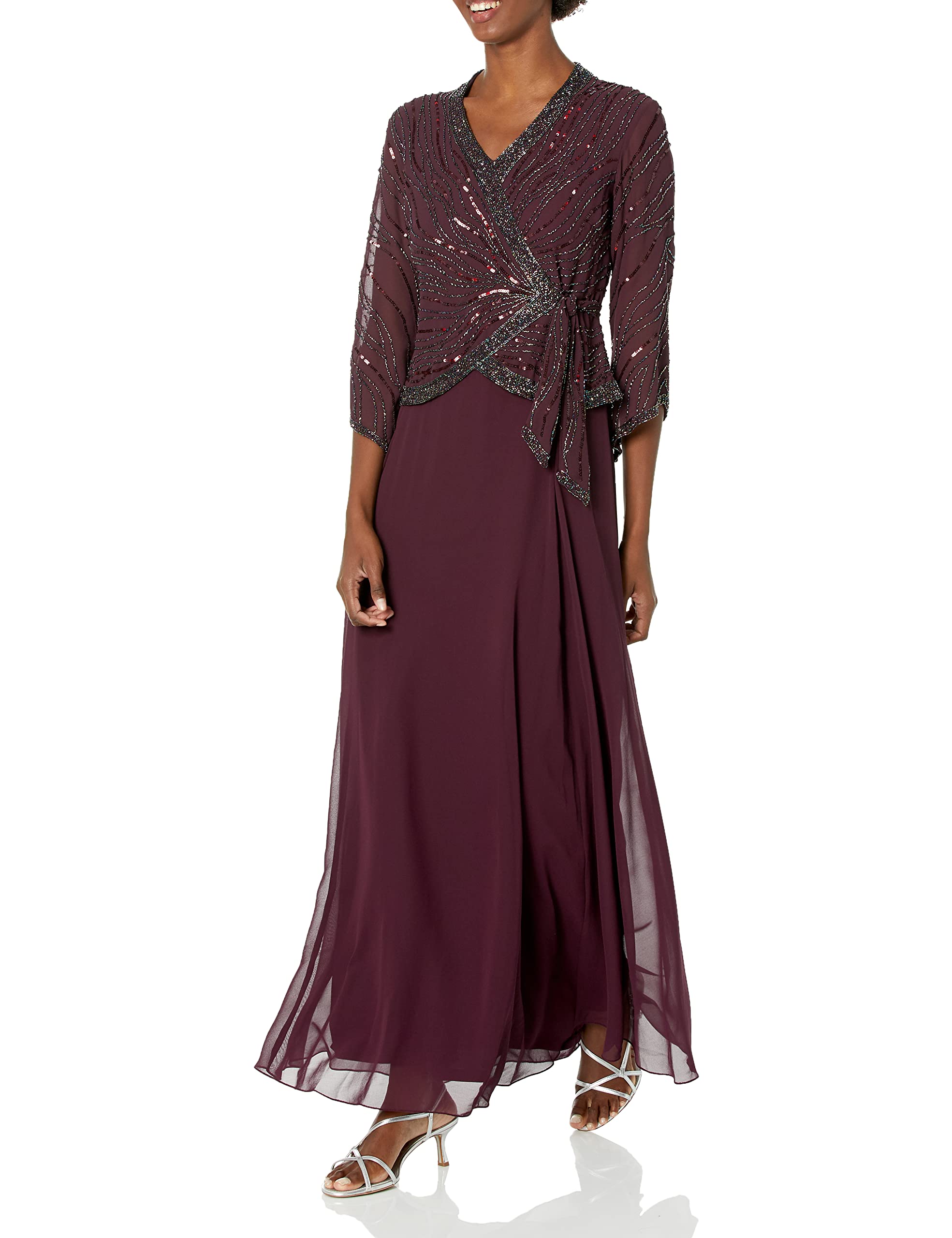 J Kara Women's Petite Long 3/4 Sleeve V-Neck Beaded Faux Wrap Dress - Elegant Formal & Cocktail Party Wear for Special Occasions