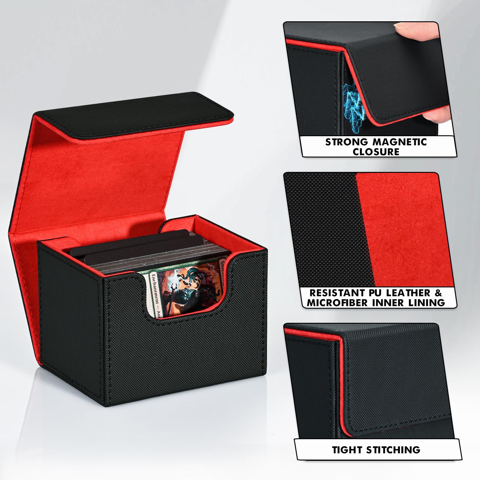 Premium Leather Magnetic Deck Box for MTG, TCG & CCG Cards - Holds 120+ Single Sleeved Cards | ZLCA Commander Deck Storage Case for Magic: The Gathering, Pokémon & Yugioh (Black & Red) - Perfect for Game Nights, Tournaments & Card Collection Protection