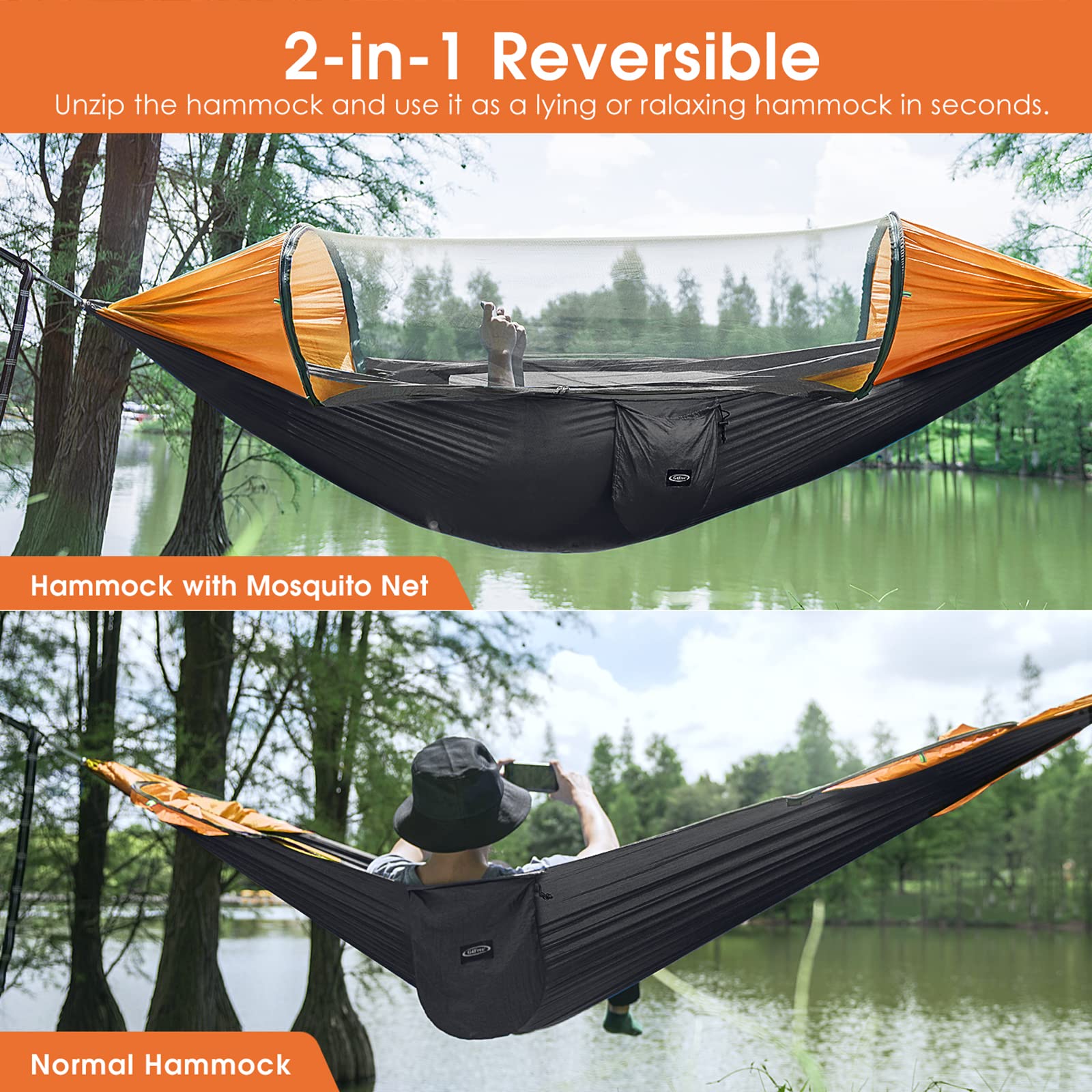 G4Free 2 Person Camping Hammock with Mosquito Net - Lightweight Portable Pop-up Parachute Hammock for Outdoor Backpacking, Hiking, Backyard Relaxation & Travel - Includes Tree Straps for Easy Setup