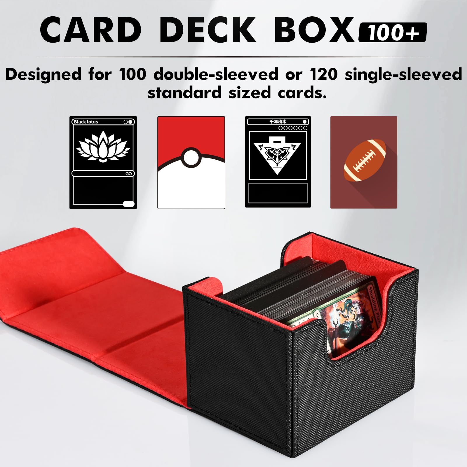 Premium Leather Magnetic Deck Box for MTG, TCG & CCG Cards - Holds 120+ Single Sleeved Cards | ZLCA Commander Deck Storage Case for Magic: The Gathering, Pokémon & Yugioh (Black & Red) - Perfect for Game Nights, Tournaments & Card Collection Protection