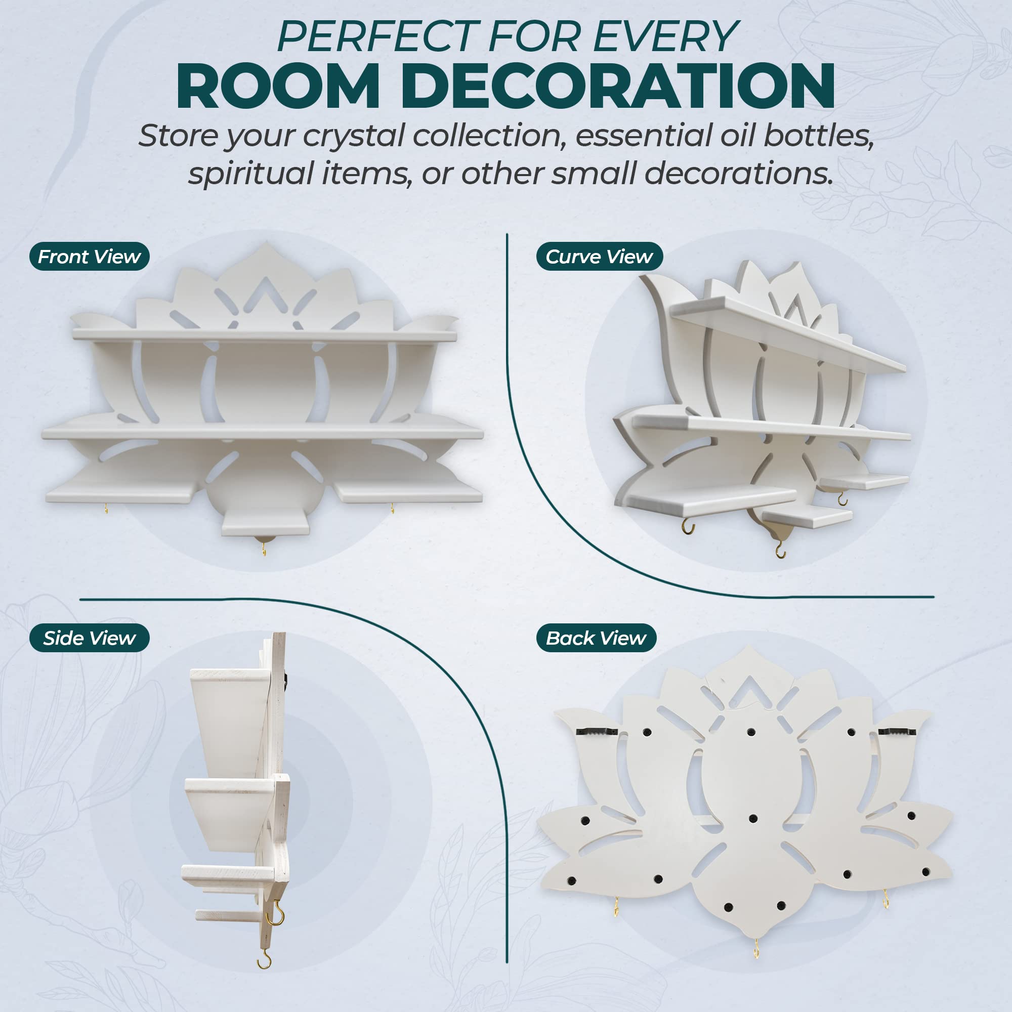 Chakral Wooden Lotus Flower Shelf for Crystals - Floating Crystal Display Shelf & Holder, Wall Decor for Bedroom Aesthetic, Pinewood (White) | Perfect for Meditation Spaces, Yoga Rooms & Spiritual Home Decor