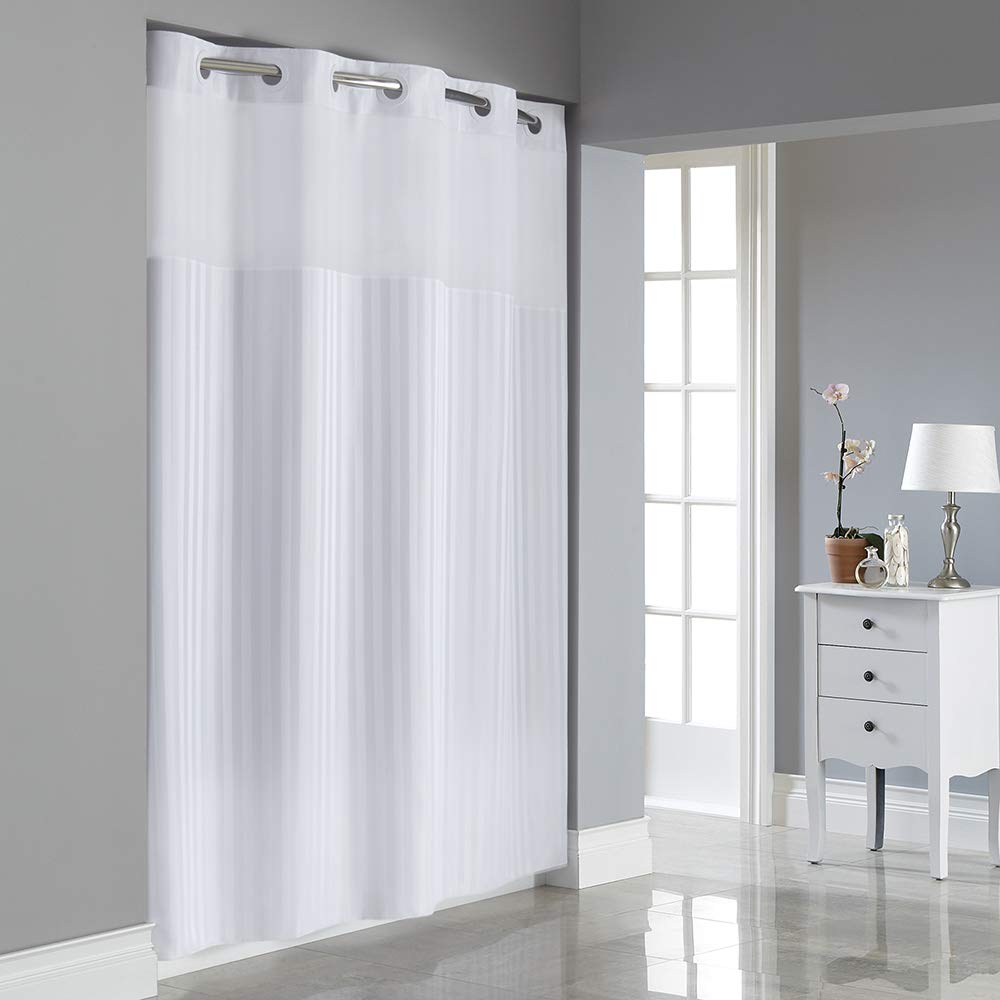Hookless It's a Snap Satin Stripe Shower Curtain Set - 3-in-1 Fabric Shower Curtain with Sheer Window, Flex-On Rings & PEVA Liner, 71x74 Inches, Bright White - Perfect for Bathroom Decor & Modern Home Upgrade