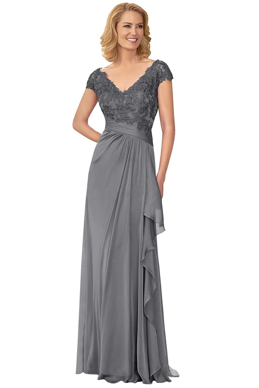 Elegant Lace Appliques Mother of The Bride Dress - Cap Sleeves V-Neck Chiffon Wedding Guest Gown for Women | Perfect for Formal Weddings, Receptions & Special Occasions