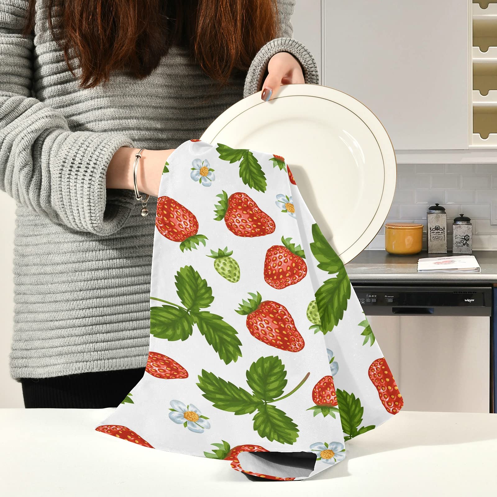 Premium Red Strawberry Floral Kitchen Towels 4-Pack - Super Absorbent, Fast Drying Reusable Dish Cloths (28