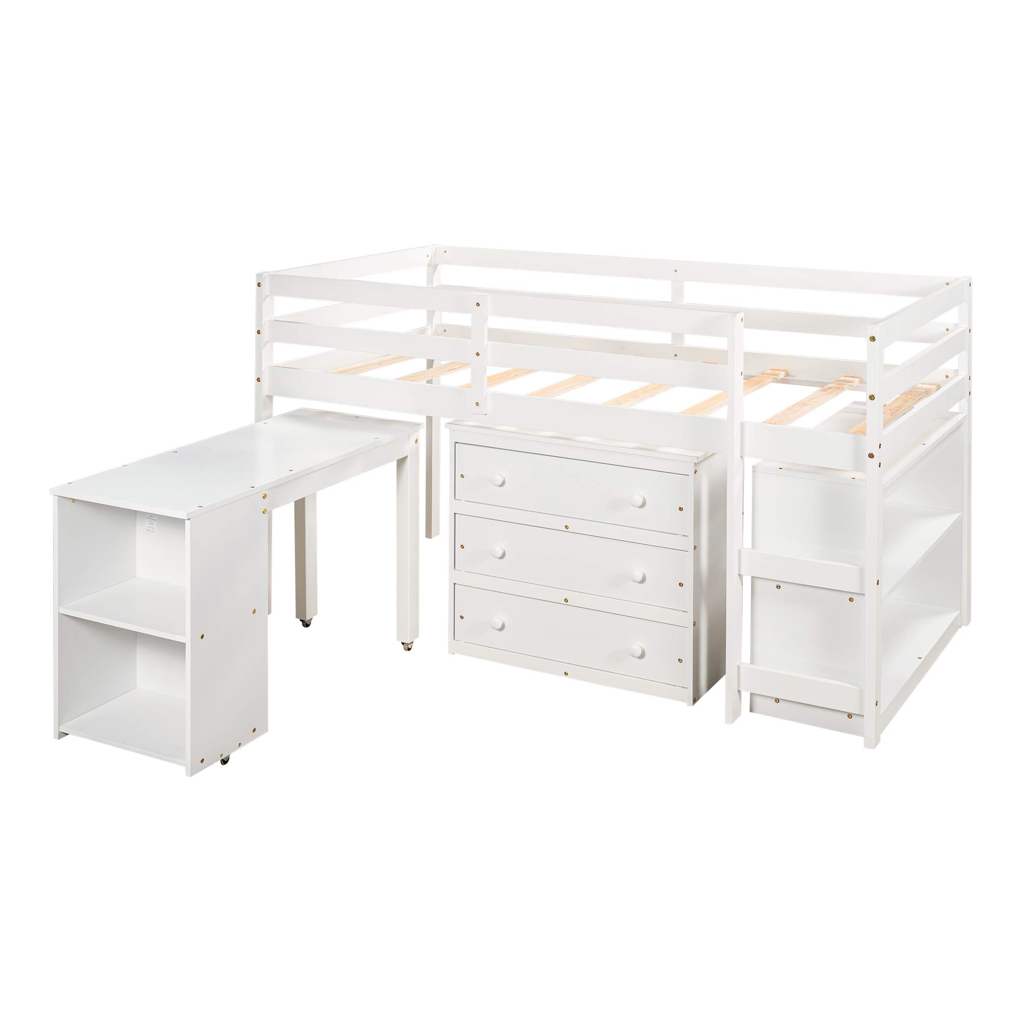 Twin Low Loft Bed with Study Desk for Kids - Rolling Portable Desk, Storage Shelf, Safety Guard Rail & Drawer Cabinet - Perfect for Small Bedrooms & College Dormitories (White) - Space-Saving Study & Sleep Solution for Teens & Students