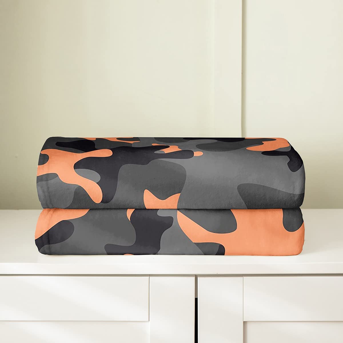 Army Camouflage All-Season Fleece Throw Blanket for Kids & Adults - Soft Flannel Fuzzy Plush Blanket in Camo Orange Black Grey - 90x90 Inch Queen Size Microfiber Blanket for Bedroom Decor, Camping, Dorm Room & Cozy Home Use