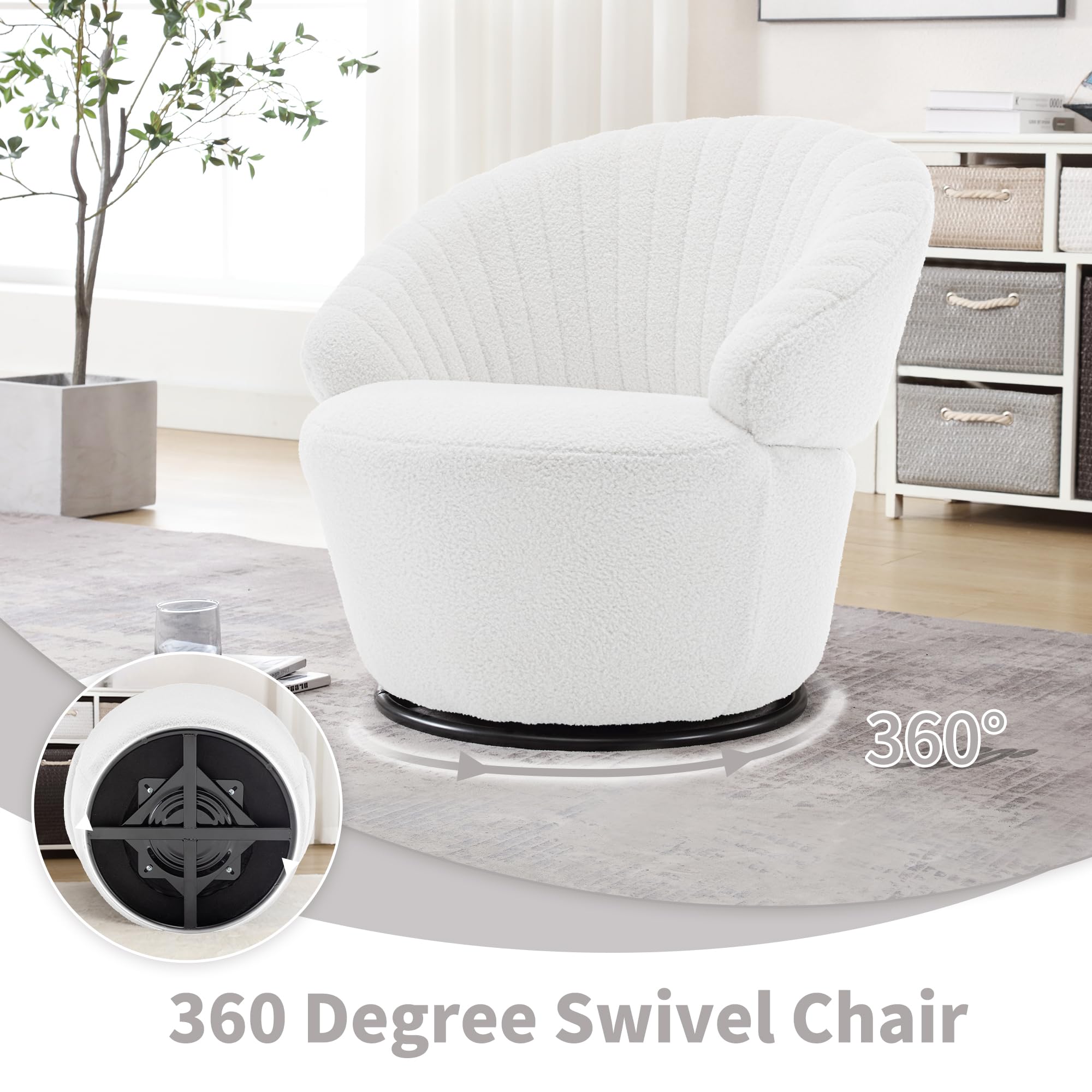 360-Degree Swivel Accent Chair Set of 2 - Mid Century Modern Upholstered Barrel Chairs with Teddy Fabric for Living Room, Bedroom & Office - White - Perfect for Lounge, Reading Nook or Conversation Area