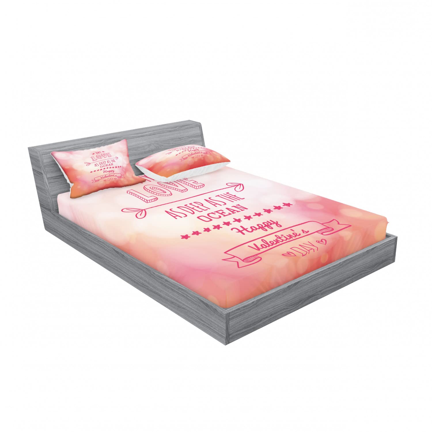 Ambesonne Valentine's Day 2-Pack Queen Size Fitted Sheet & Pillow Sham Set - Pink Love Story Floral Print 4-Piece Bedding Set (2 Fitted Sheets + 4 Pillow Covers) for Romantic Bedroom Decor, Anniversary Gift & Couples Retreat