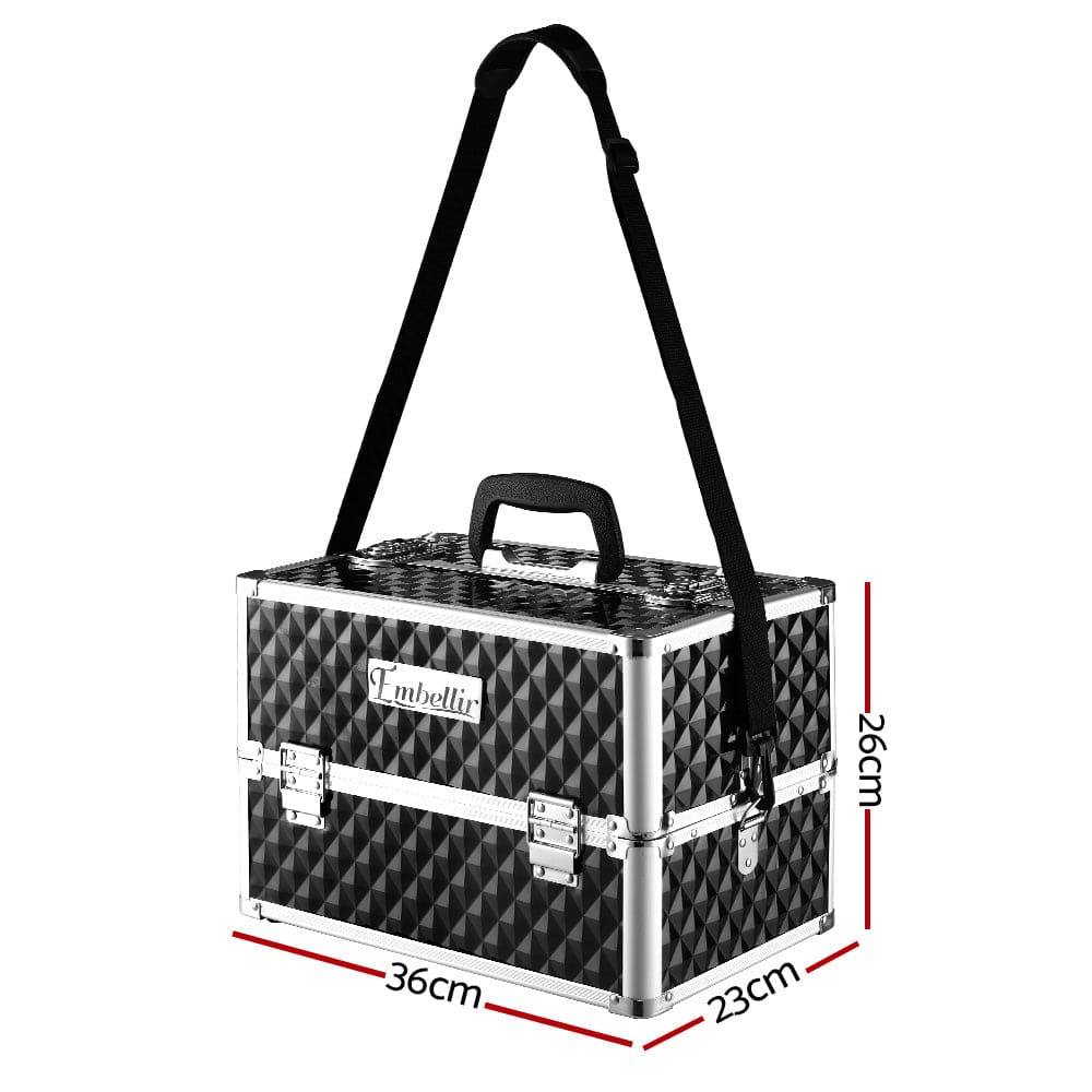Embellir Portable Cosmetic Beauty Makeup Case - Diamond Black Travel Organizer for Makeup Brushes & Cosmetics | Perfect for Travel, Home & Salon Use