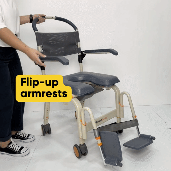ShowerBuddy Roll In Buddy Lite Commode - Portable Shower Chair with Adjustable Arms & Backrest for Seniors & Disabled - Ideal for Bathroom Safety & Elderly Care
