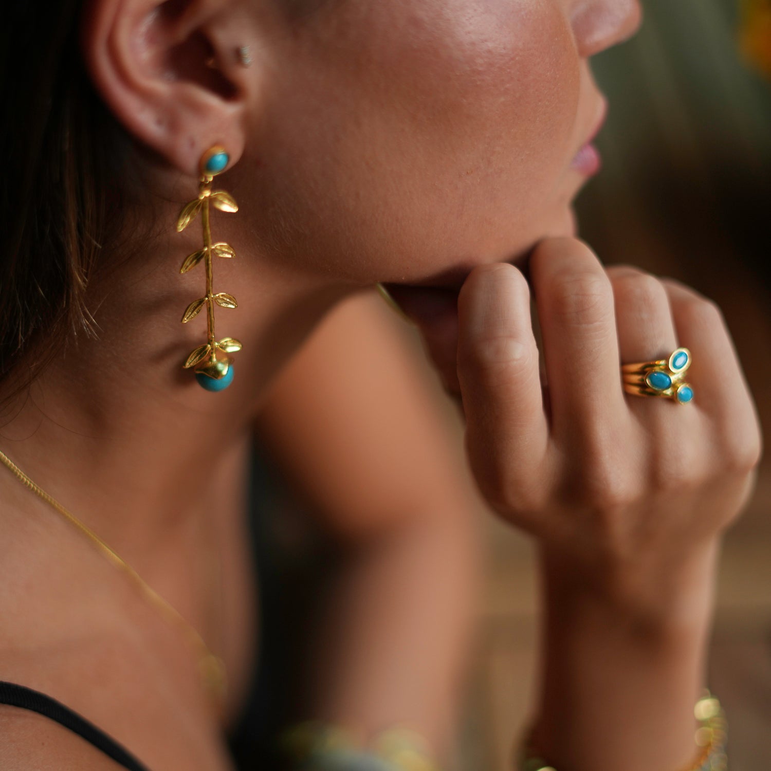 Bohemian Style Gold Leaf & Turquoise Stone Dangle Earrings for Women | Handmade Jewelry for Casual Wear, Parties & Special Occasions