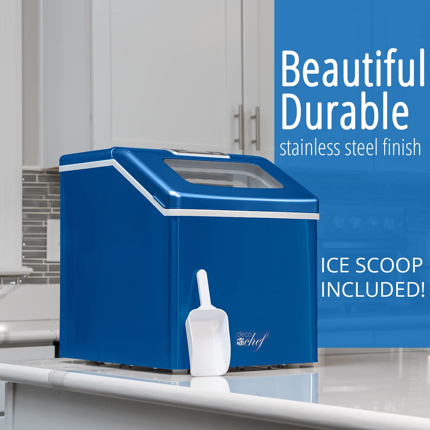 Deco Chef Portable Countertop Ice Maker Machine - 40LB/24H Fast Ice Production, 24 Cubes in 15 Mins, Adjustable Cube Size, Digital Control with Timer, Self-Cleaning Function, EZ Access Flip Lid & Scoop Included (Blue) - Perfect for Home, Office, RV, Boat & Outdoor Parties