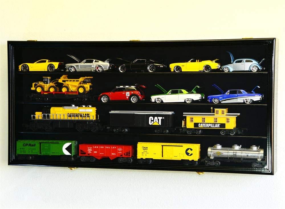 O Scale Train Display Case Cabinet with UV Protection & Lockable Wall Rack - Black - Perfect for Model Train Collections, Home Decor & Secure Storage