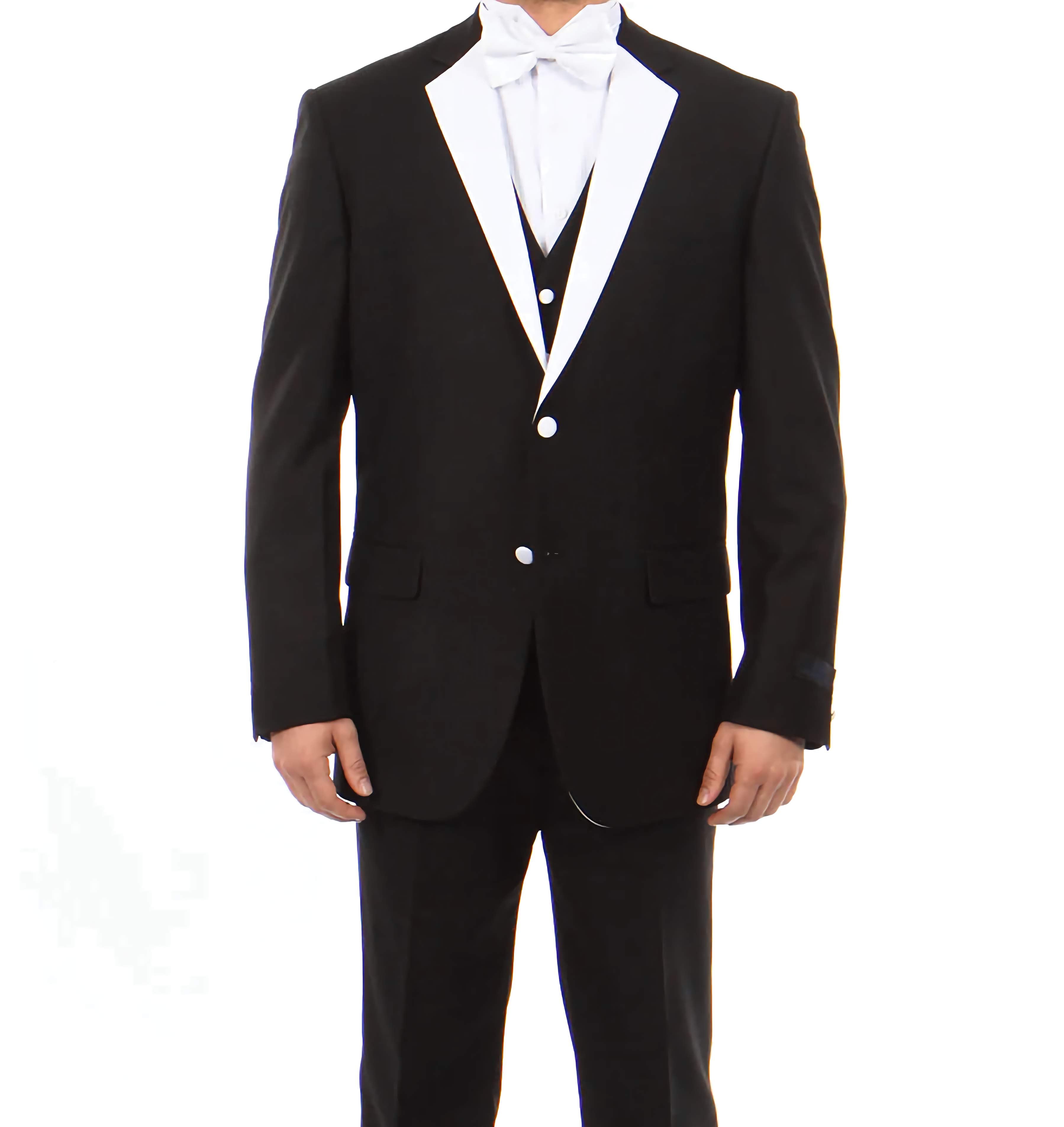 Black Modern Fit 3-Piece Tuxedo Suit with White Lapel & 6-Button Vest | Formal Wedding, Prom, Gala & Evening Wear for Men