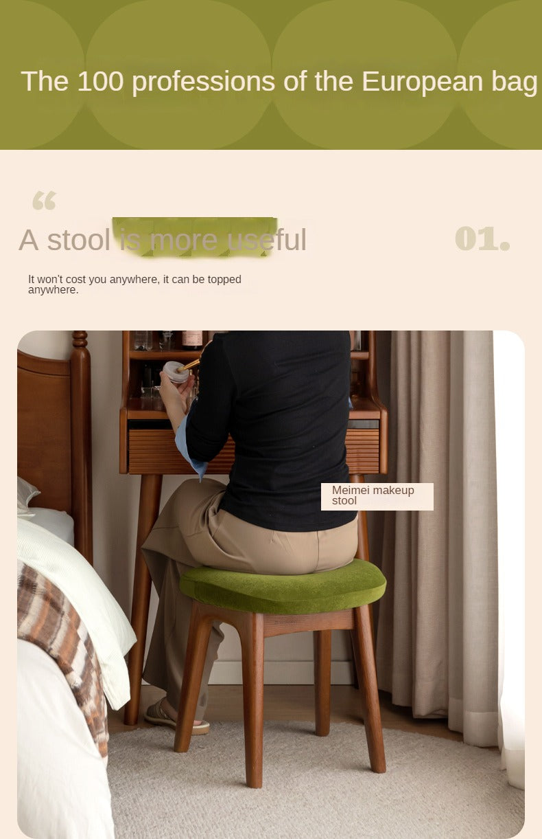 Premium Oak & Cherry Solid Wood Makeup Stool - Soft Cushioned Vanity Seat for Dressing Table, Bedroom, and Salon Use