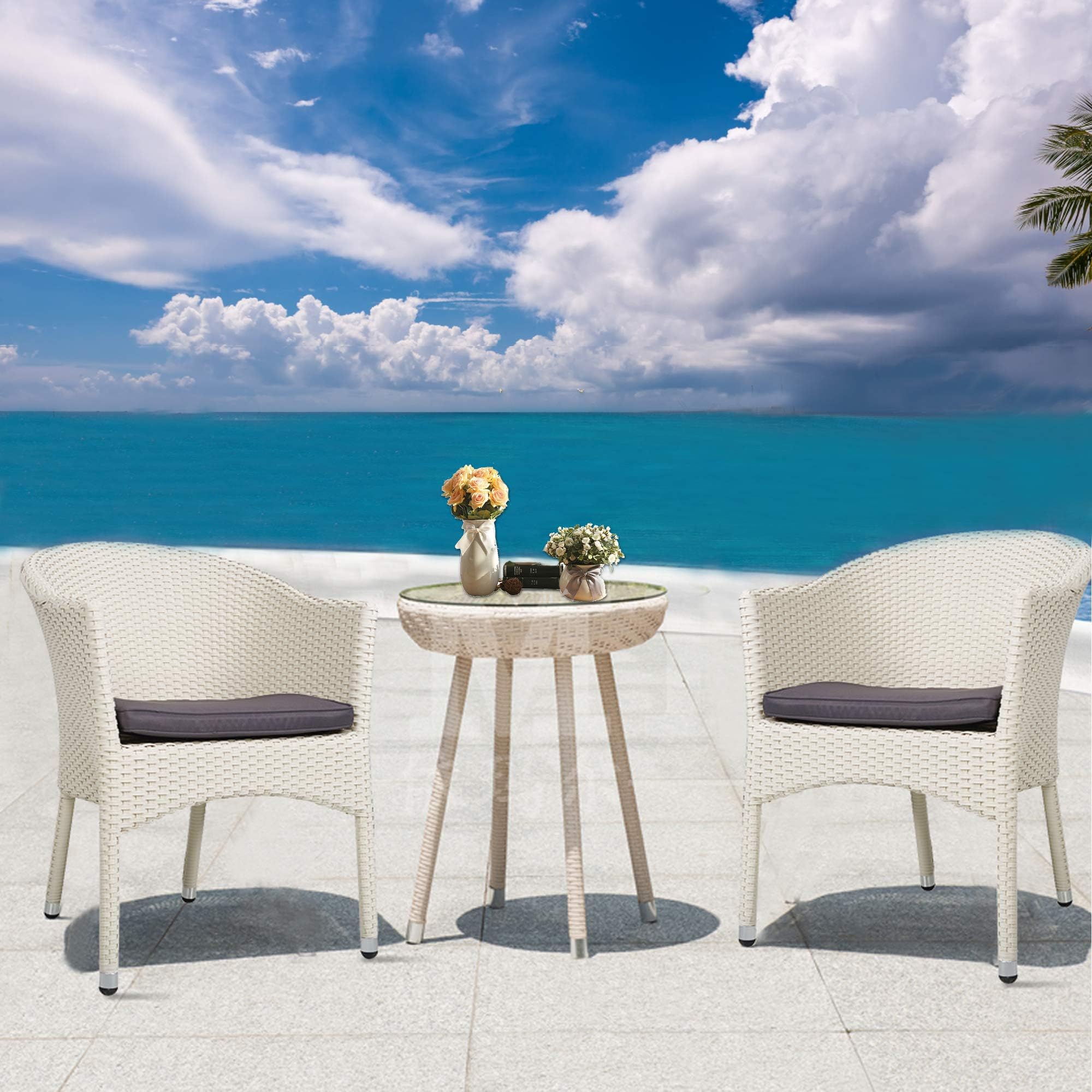 LUCKYERMORE Outdoor Wicker Dining Chairs with Soft Cushions - Patio, Garden, Lawn Furniture - Stackable Rattan Arm Chairs in White for Backyard, Poolside & Restaurant Use