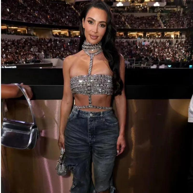 Celebrity-Inspired Red Carpet Halter Top for Women - Sparkling Crystal Party Tank Top for Nightclub, TV Shows & Special Events | High-Quality Sexy Evening Wear for Glamorous Occasions