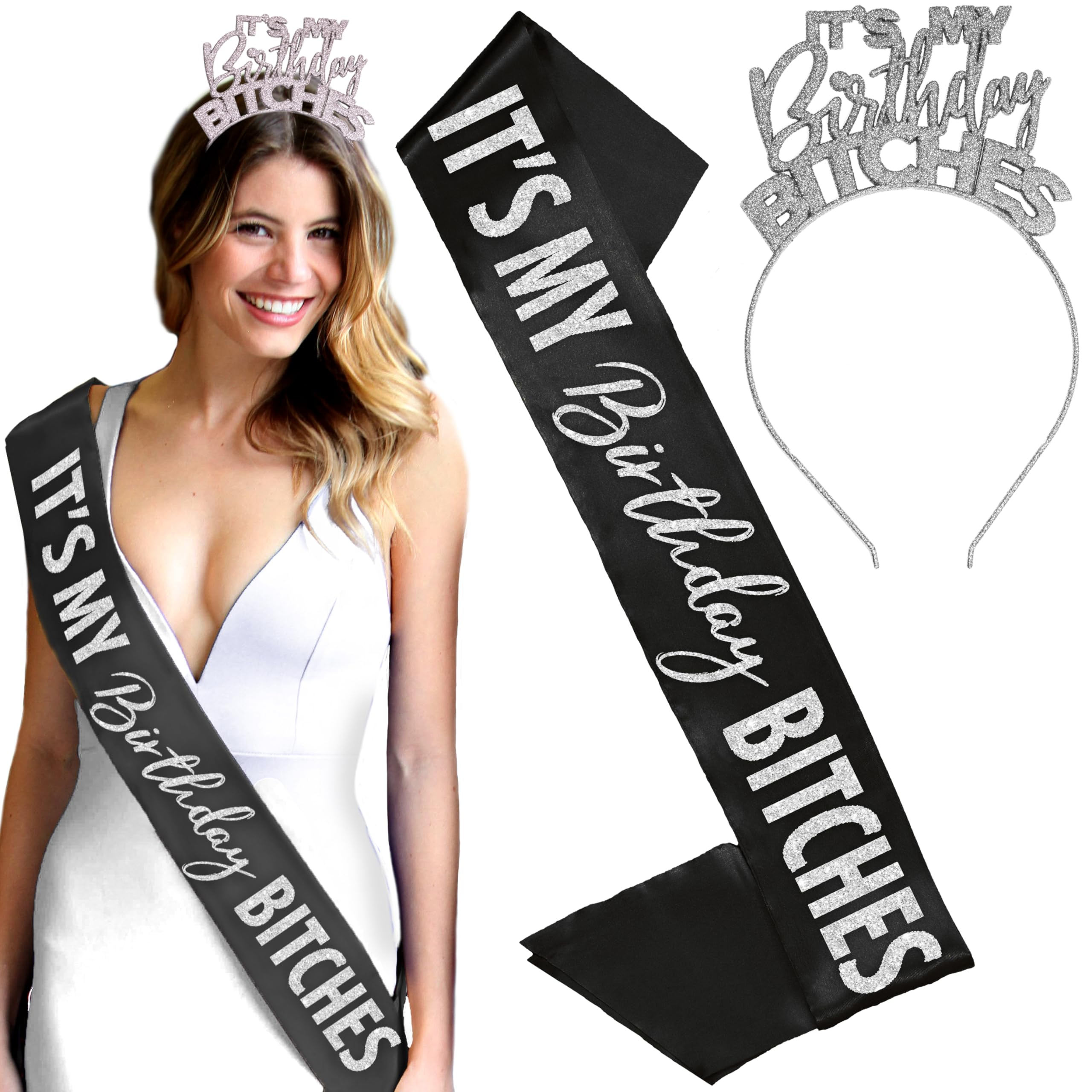 Rhinestone Birthday Sash for Women - Sparkly 'It's My Birthday Bitches' Funny Party Accessory - Perfect for Bachelorette Parties, Girls Night Out & Birthday Celebrations