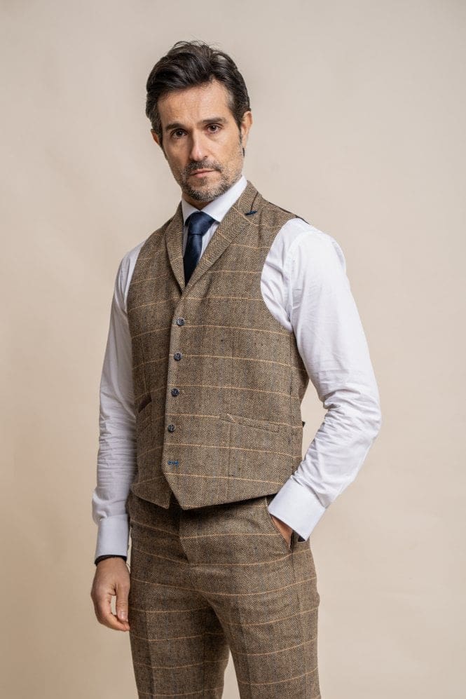 Cavani Albert Men's Brown Tweed Waistcoat Vest | Classic Formal Wear for Weddings, Business & Special Occasions