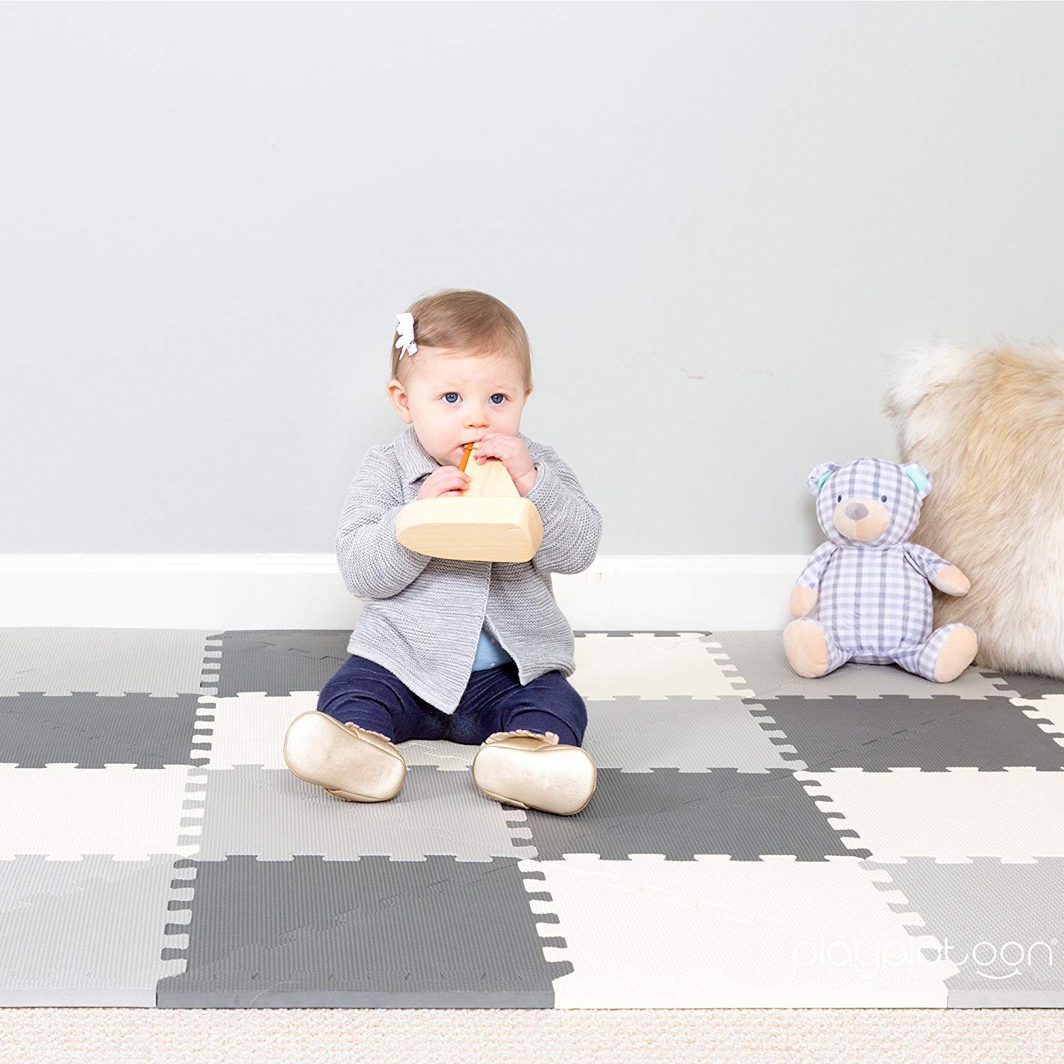 Non-Toxic Extra-Thick 96-Piece Triangle Foam Play Mat - 6x6ft Soft Cushioned Floor Puzzle for Kids & Toddlers - Gray & Cream - Perfect for Playrooms, Daycares & Home Gym Exercise Areas