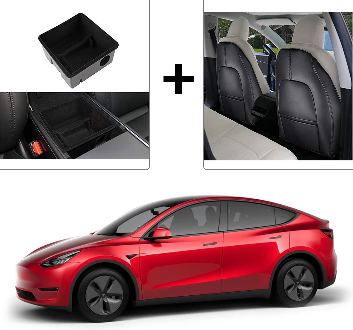 Tesla Model Y & Model 3 Center Console Armrest Organizer Storage Box & Genuine Leather Seat Back Protector - Car Interior Accessories for Road Trips & Family Travel