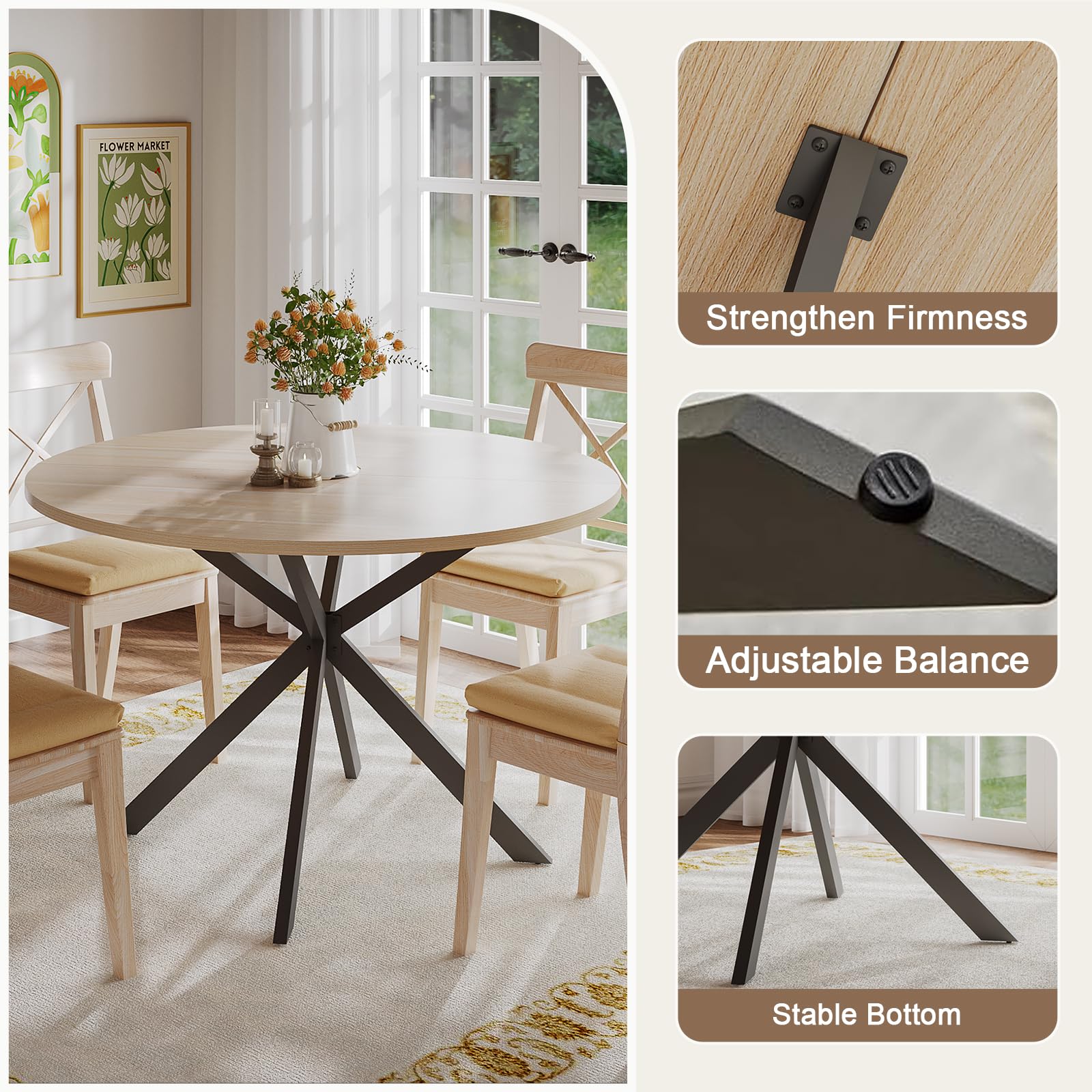ChooChoo 47.2 Inch Round Wood Dining Table for 4, Natural Kitchen Table, Perfect for Home Kitchen, Dining Room, and Small Space Gatherings