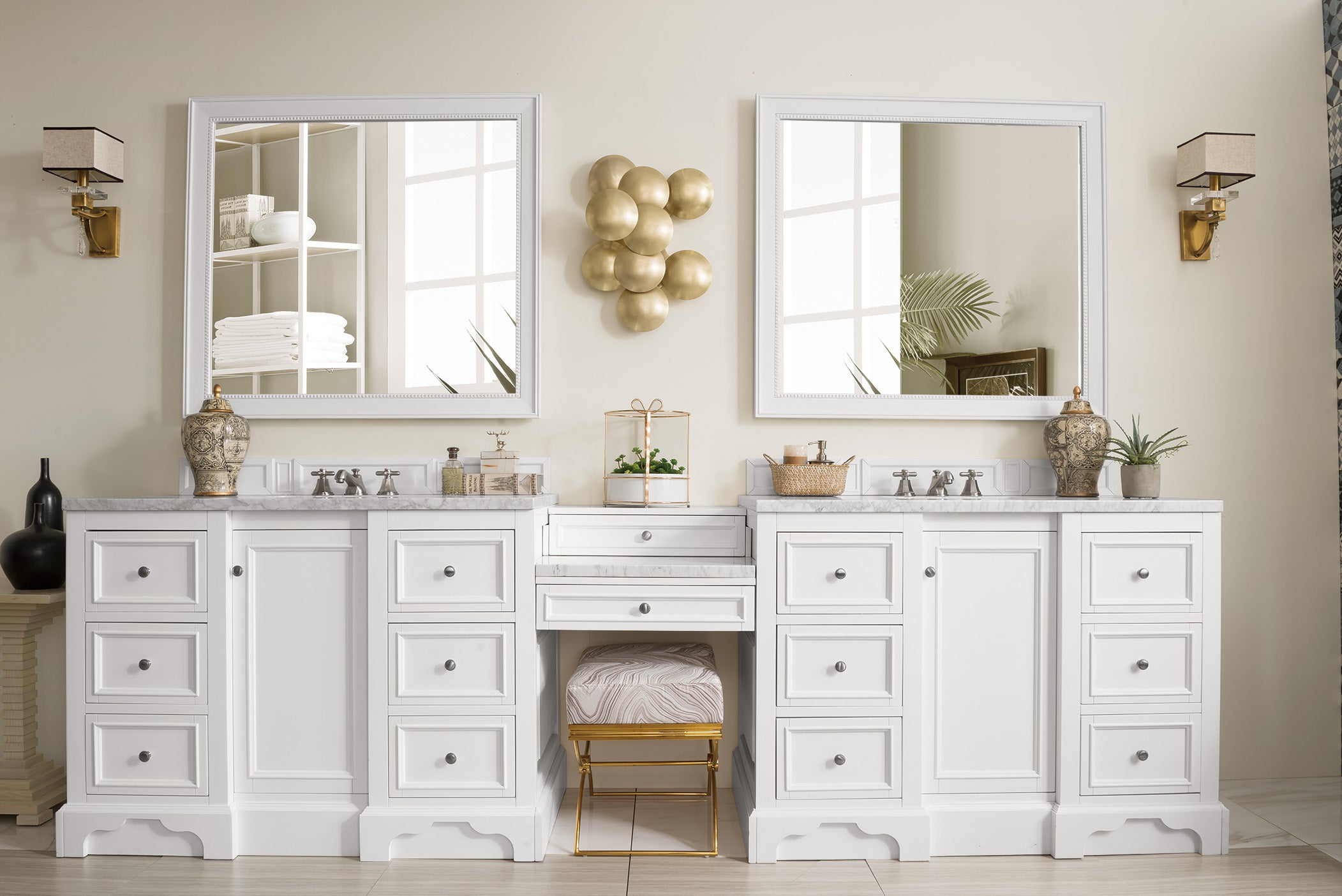 De Soto 118 Double Vanity Set with Makeup Table - Bright White Finish & 3CM Carrara Marble Top | Perfect for Master Bathroom, Guest Bathroom & Beauty Salon Makeup Stations