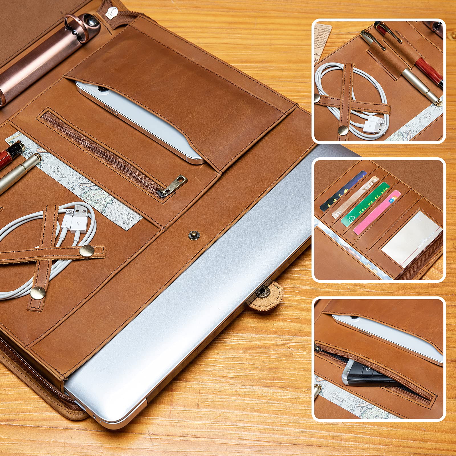 YIWEN Handmade Genuine Leather Portfolio - Professional Zippered Padfolio with 3-Ring Binder & Tablet Pocket | Business Organizer, Resume Folder, Notebook Holder | Custom Engraved Brown Leather | Perfect for Office, Meetings & Job Interviews