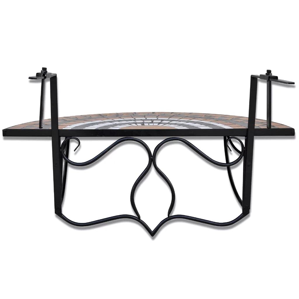Hanging Balcony Table - Terracotta & White Mosaic Patio Table for Outdoor Decor, Plant Stand - Perfect for Small Spaces, Balconies, Gardens & Patios