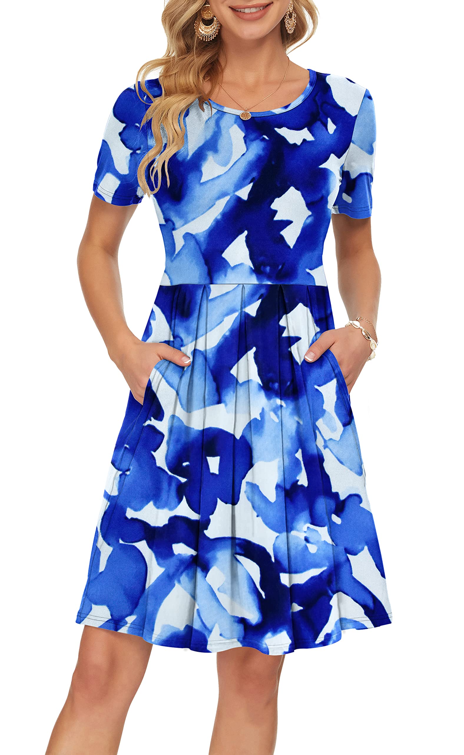 AUSELILY Women's Summer Short Sleeve Pleated Swing Dress - Loose Fit Knee-Length Dress with Pockets | Casual Wear, Beach Vacation, Office Outfit (2025 New Collection)