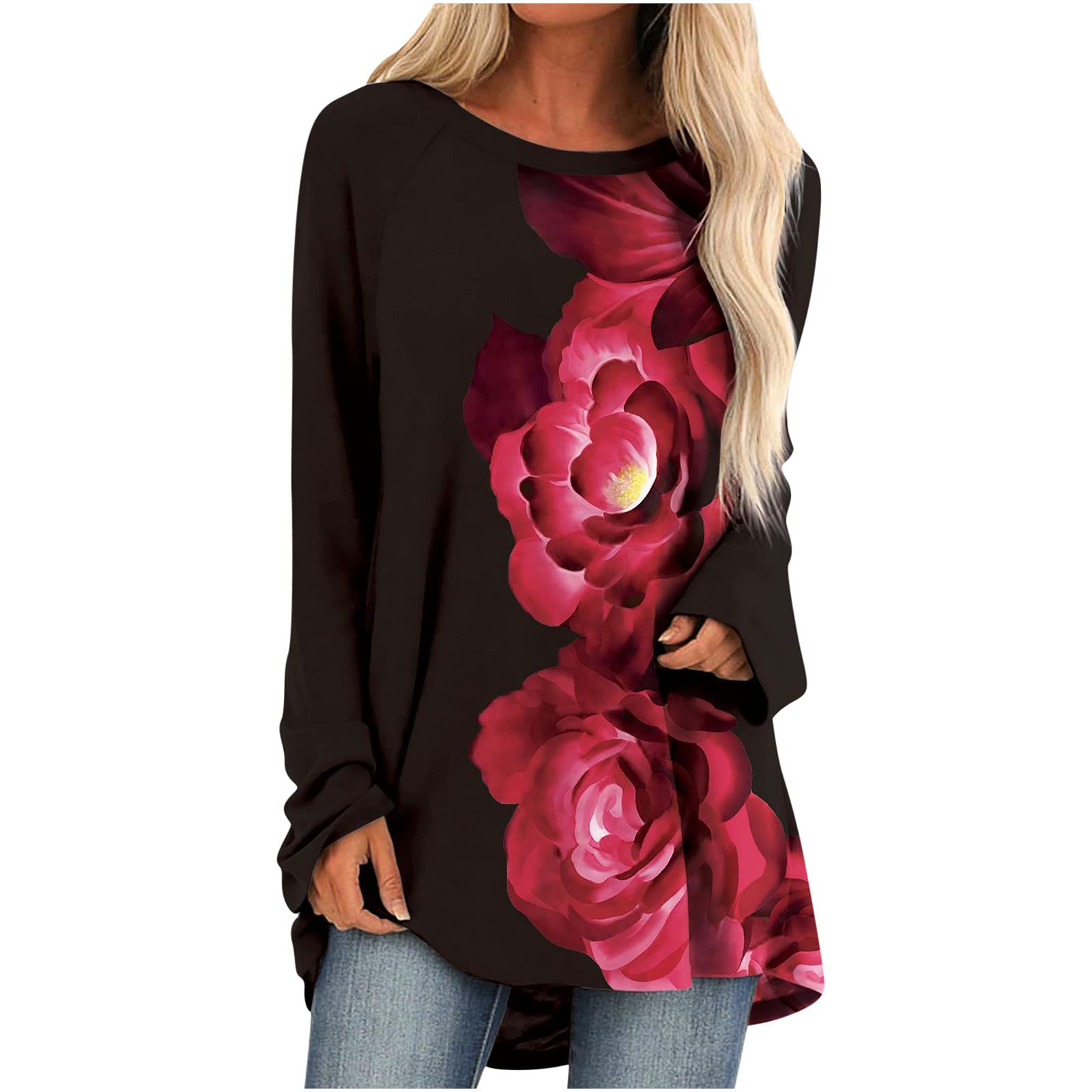 Women's Plus Size Floral Print Long Sleeve Tunic Top - Loose Fit O-Neck Casual Blouse for Fall | Perfect for Office Wear, Date Nights & Autumn Outfits