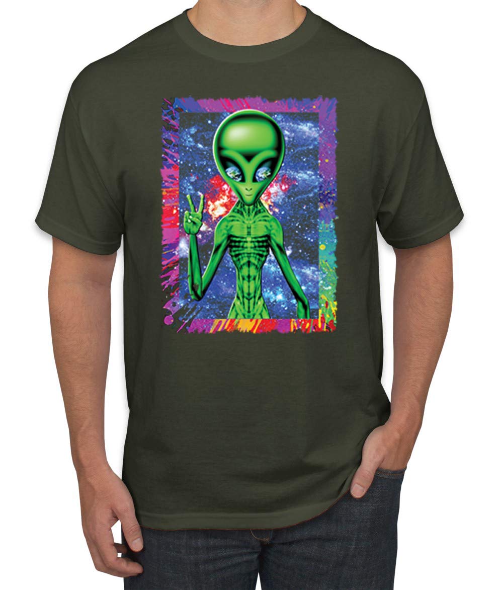 Trippy Alien in Space Peace Hand Graphic T-Shirt for Men | Pop Culture Tee | Perfect for Music Festivals & Streetwear Fashion