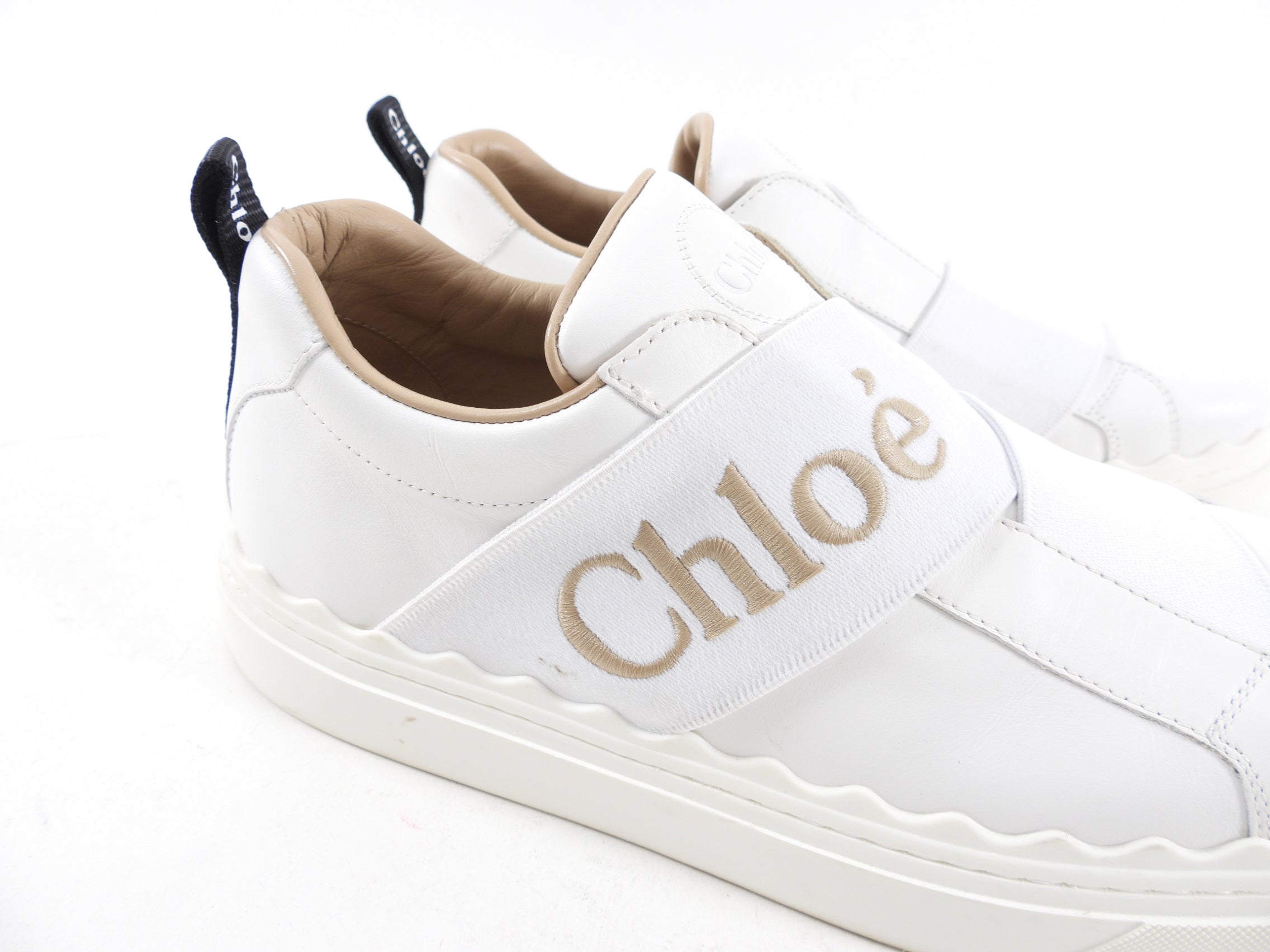 Chloe White Leather Lauren Logo Strap Sneakers Women's Size 40 / US 9 - Stylish Casual Shoes for Everyday Wear & Fashion Outfits